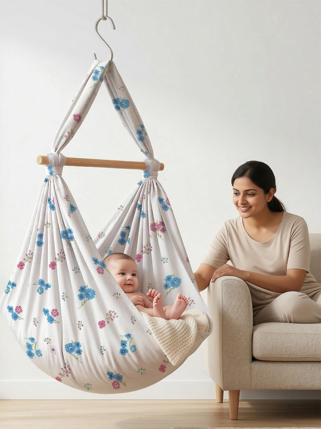 Premium Soft Cotton Baby Hammock Stitched White with Assorted Prints (Thottil/Jhula)