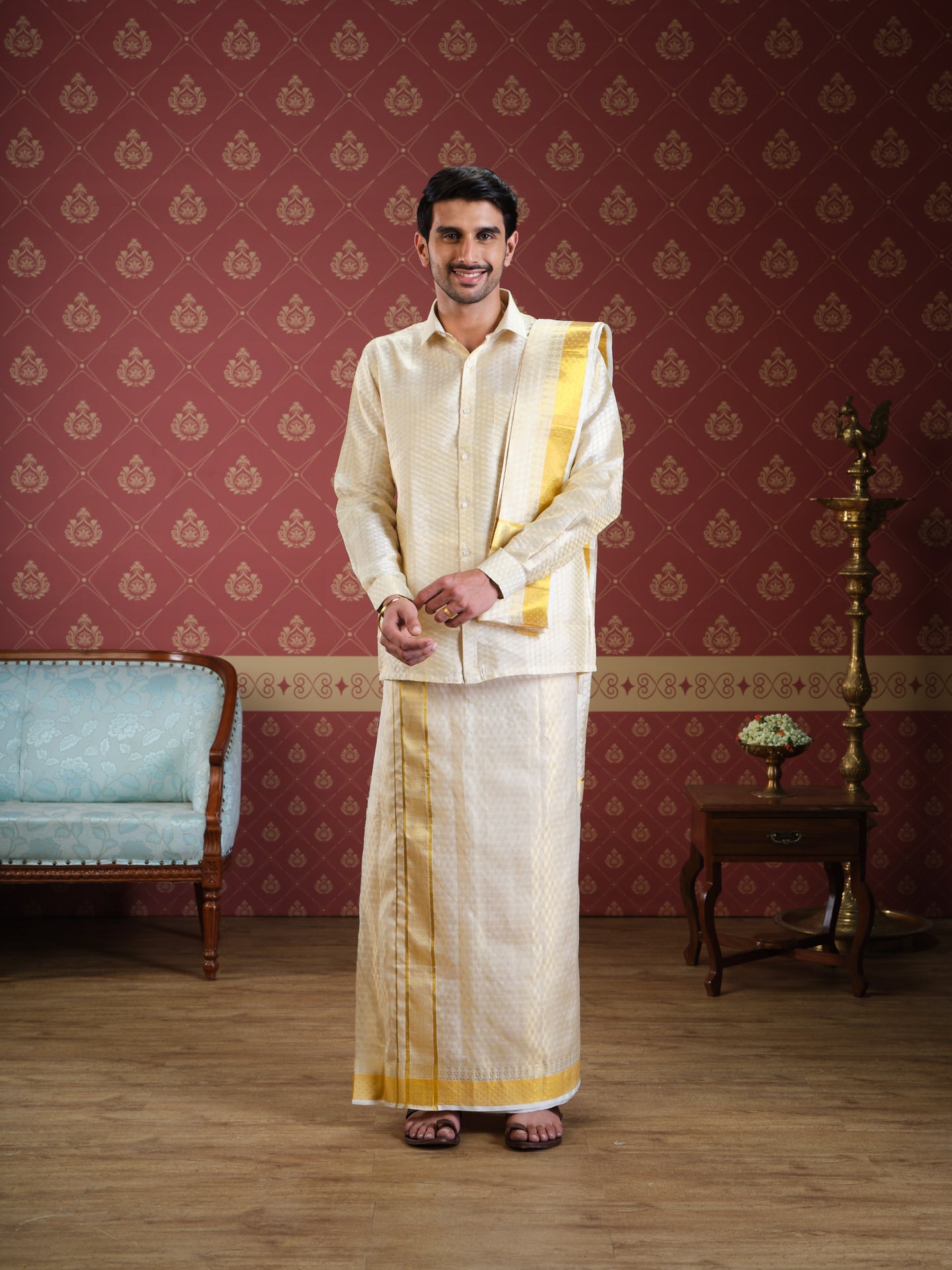 Men Premium Pure Silk Tissue Wedding Readymade shirt with dhoti & Towel set Rajahamsa