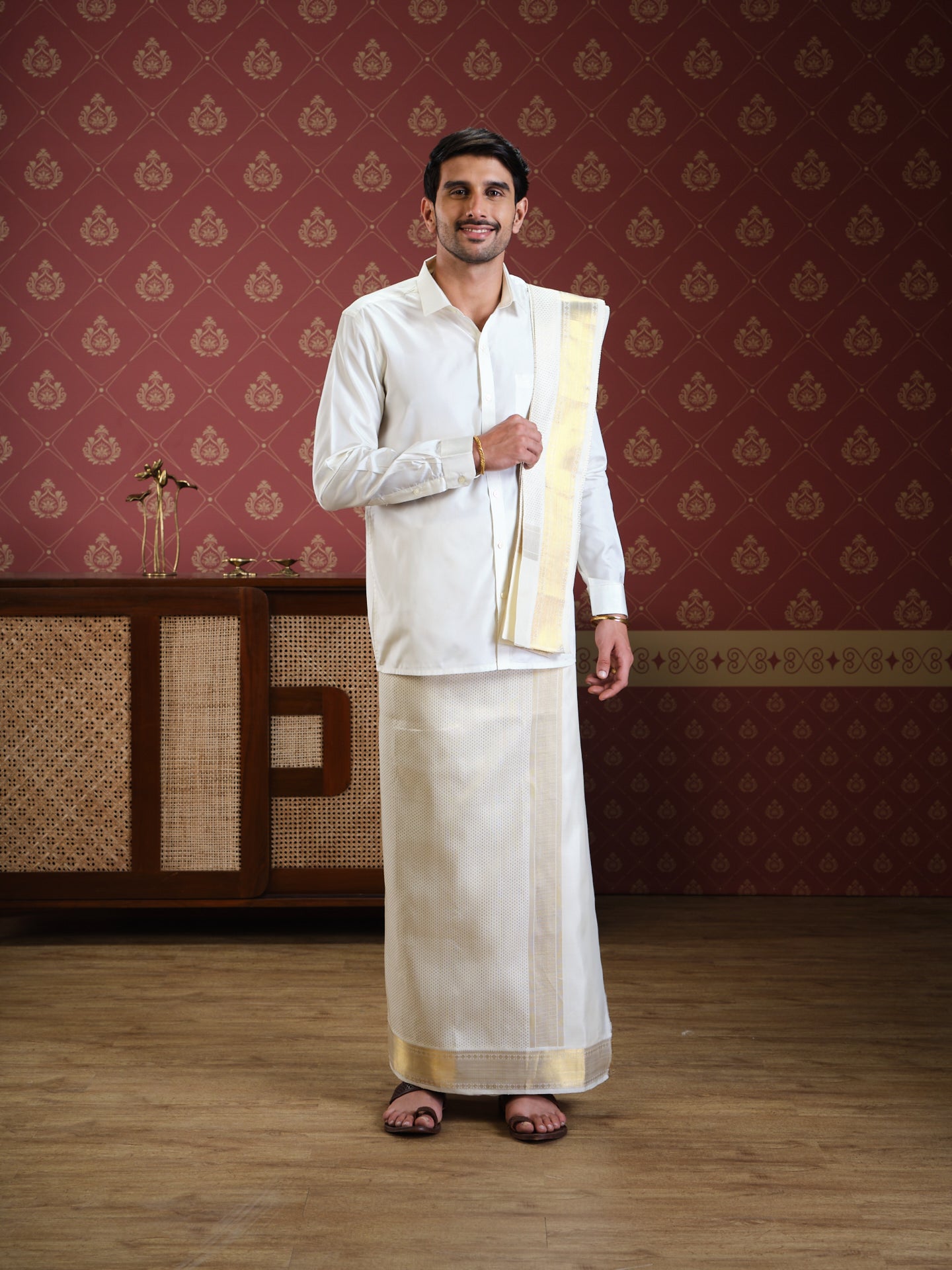 Men Premium Pure Silk Wedding Readymade shirt with dhoti & Towel set Amirtham