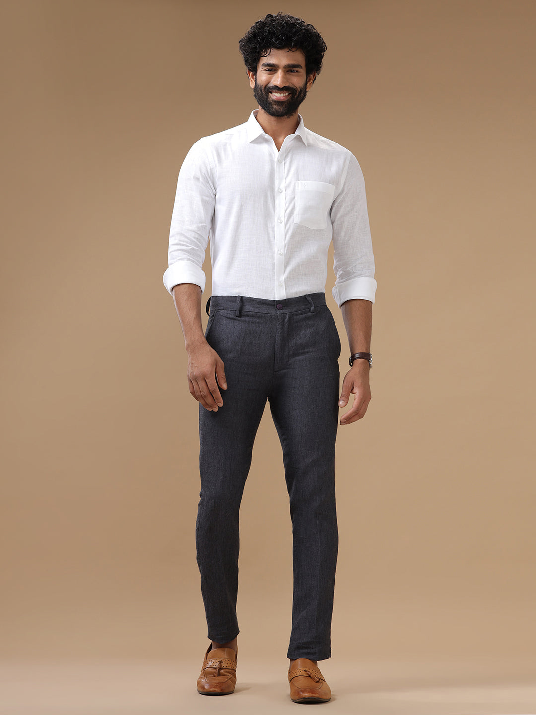 Men Pure Linen DarkGrey Pant with Trim Fit PL12