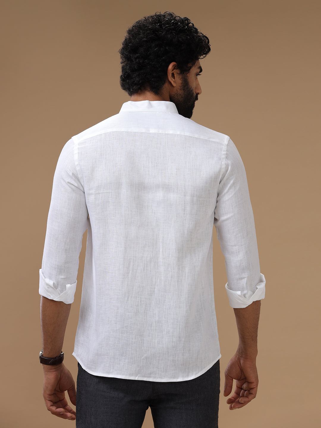 Men 100% Linen Chinese Collar White Shirt 5445