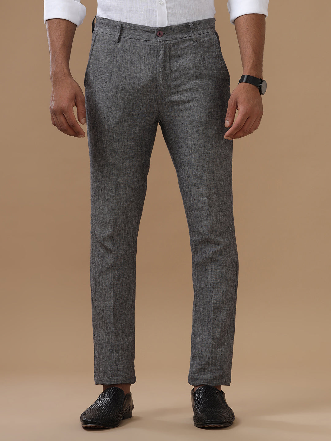 Men Pure Linen Grey Pant with Trim Fit  PL02