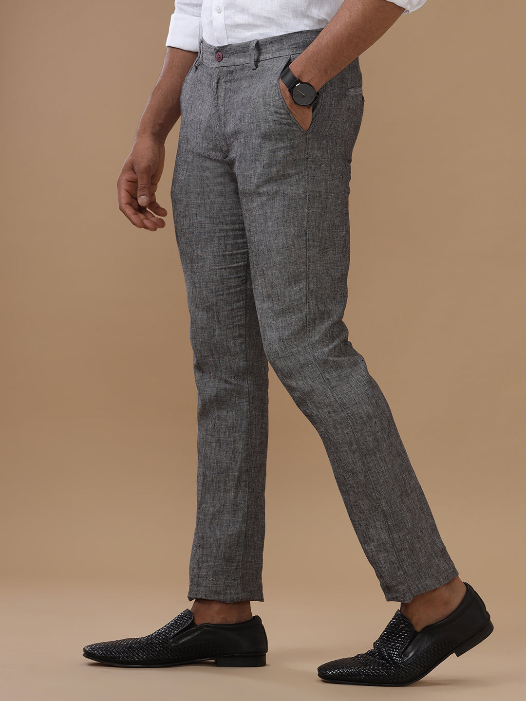 Men Pure Linen Grey Pant with Trim Fit  PL02