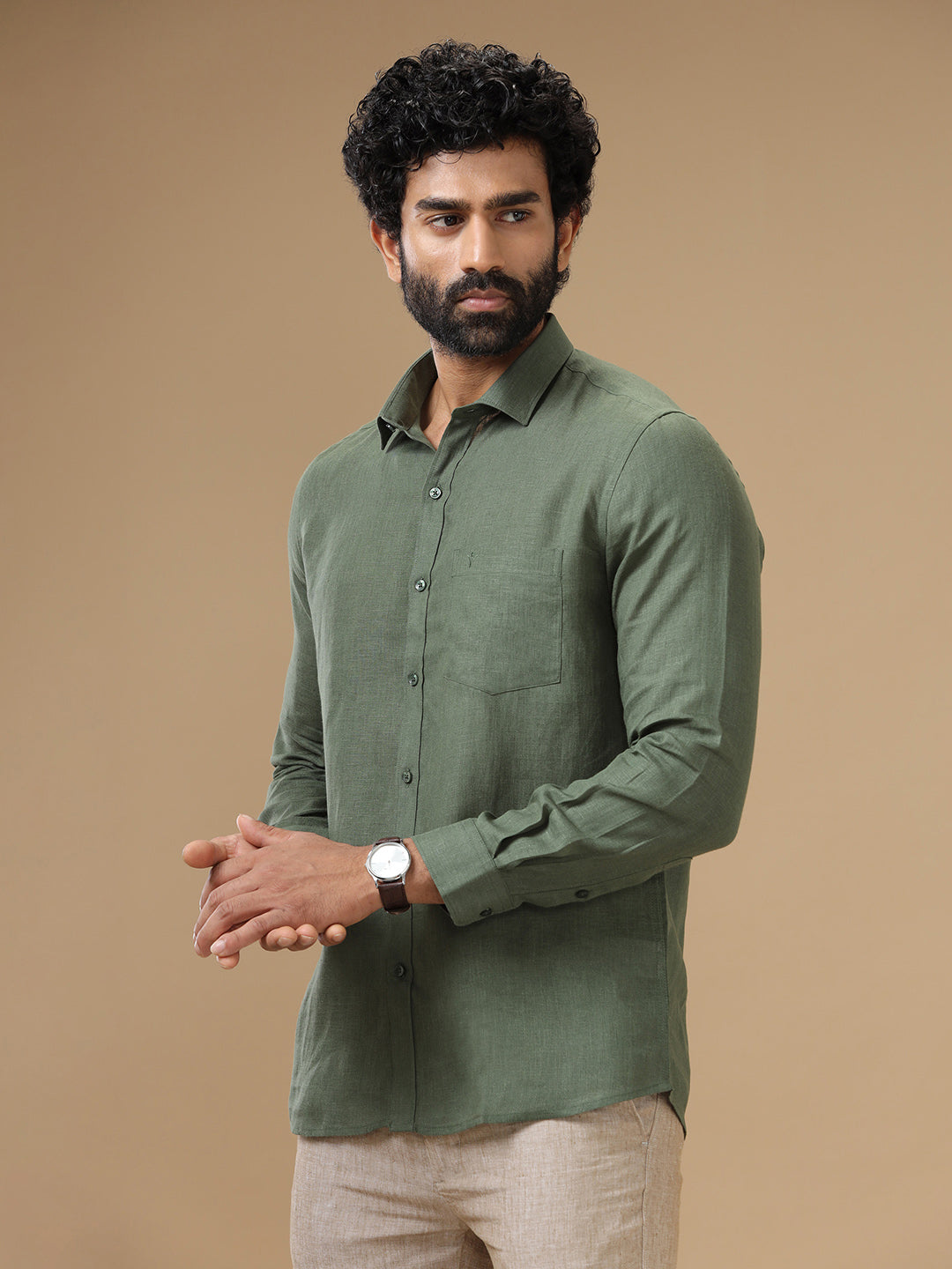 Mens Pure Linen Shirt Green