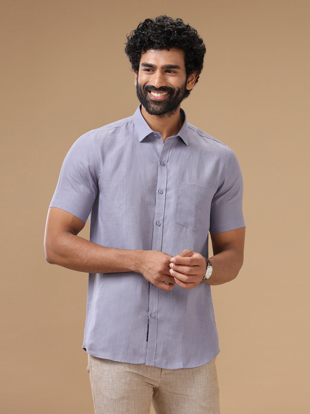 Men Pure Linen Shirt Purple_L108