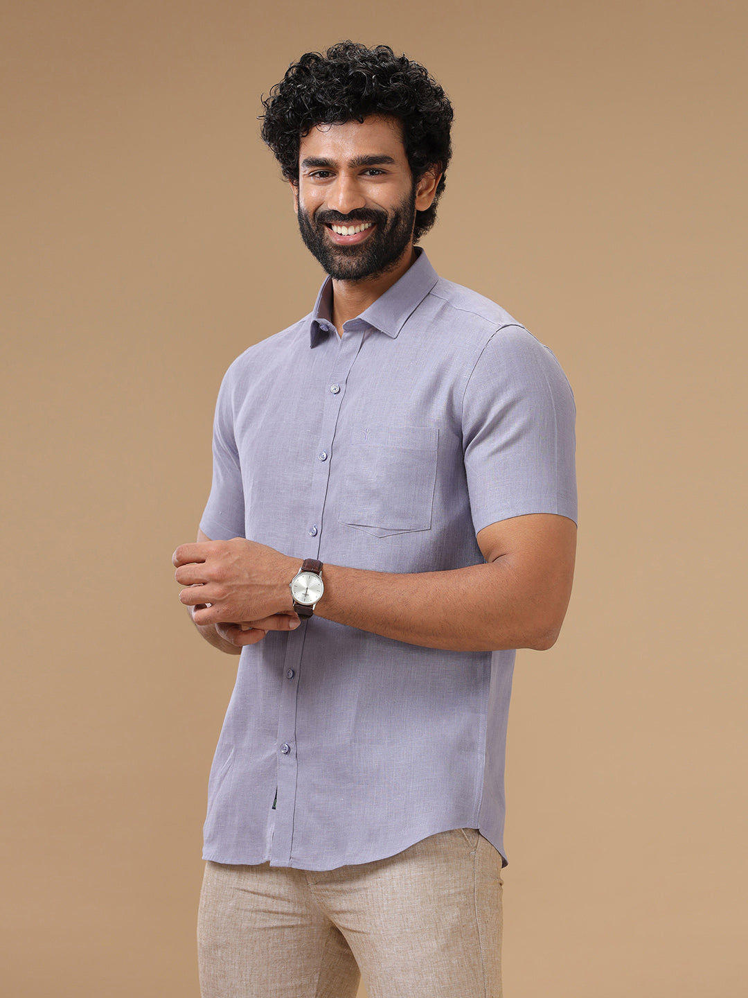 Men Pure Linen Shirt Purple_L108