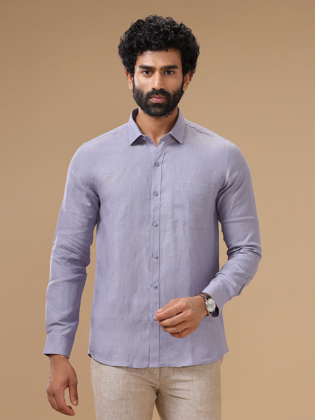 Men Pure Linen Shirt Purple_L108