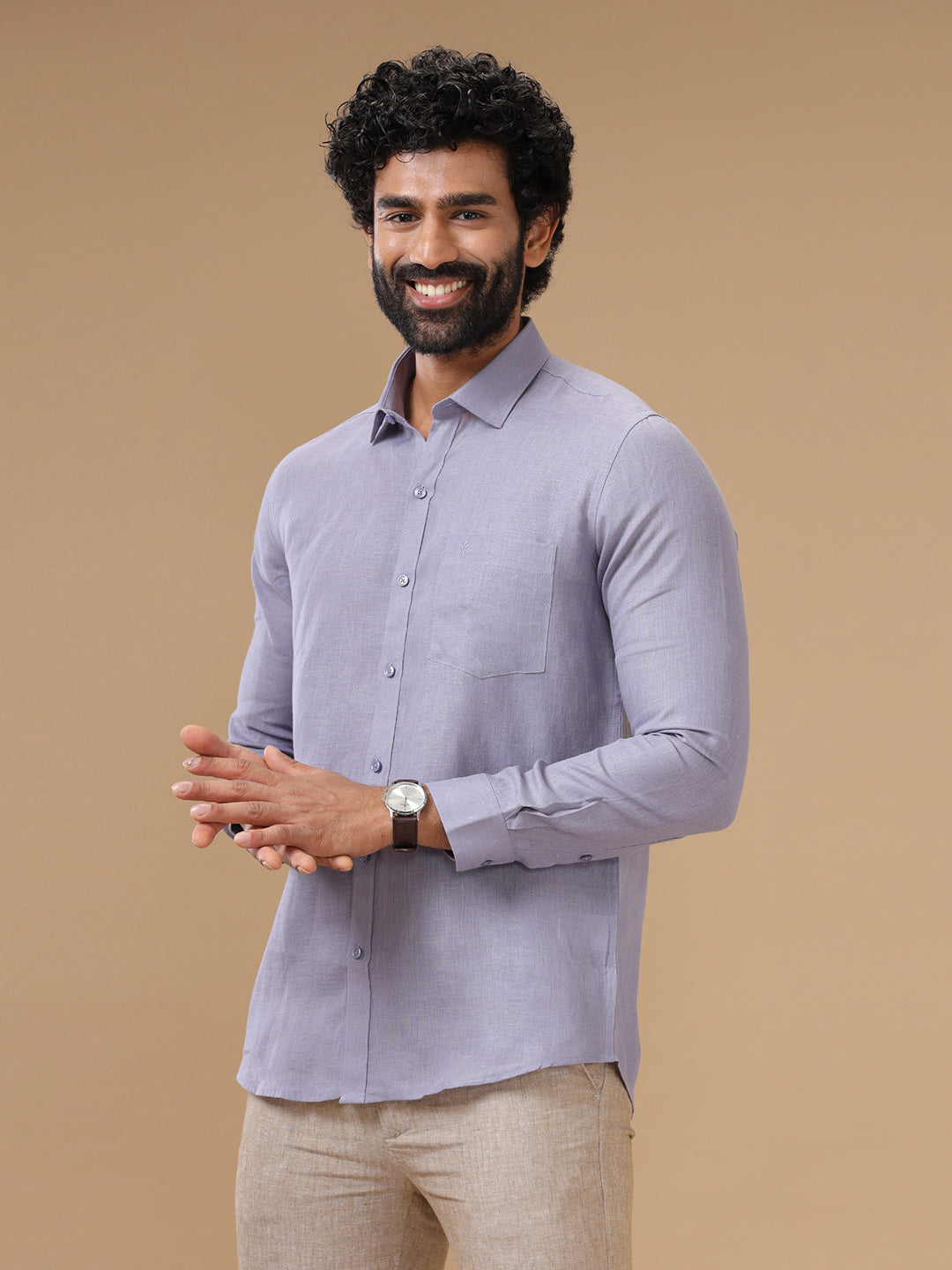 Mens Pure Linen Shirt Purple_L108