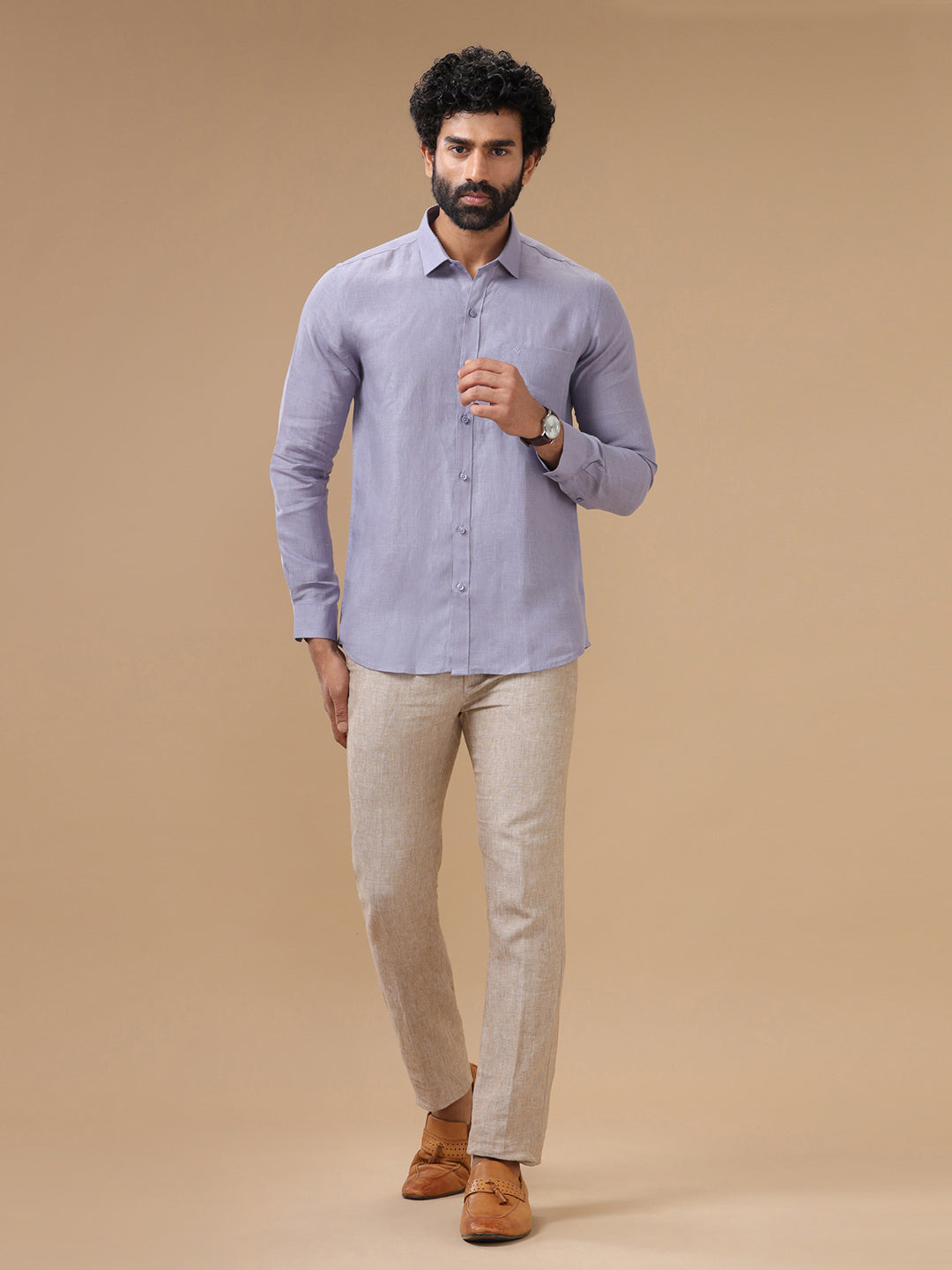 Men Pure Linen Shirt Purple_L108