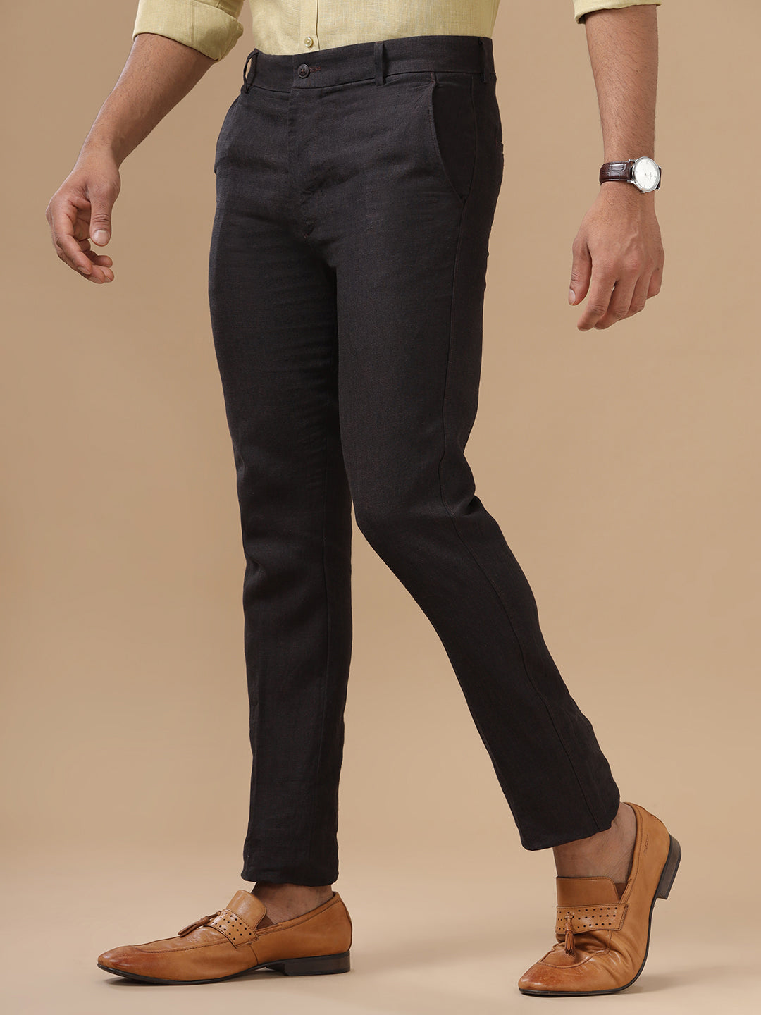 Men Linen Trim Fit Pant Black - PL01