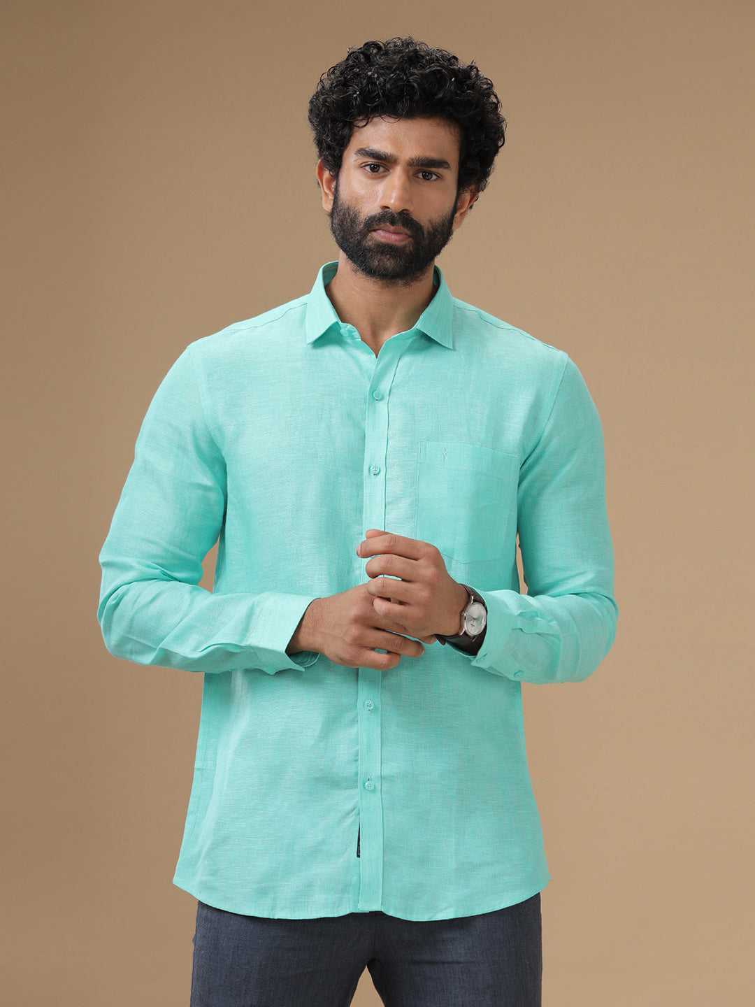 Men Pure Linen Shirt Light Blue - L13