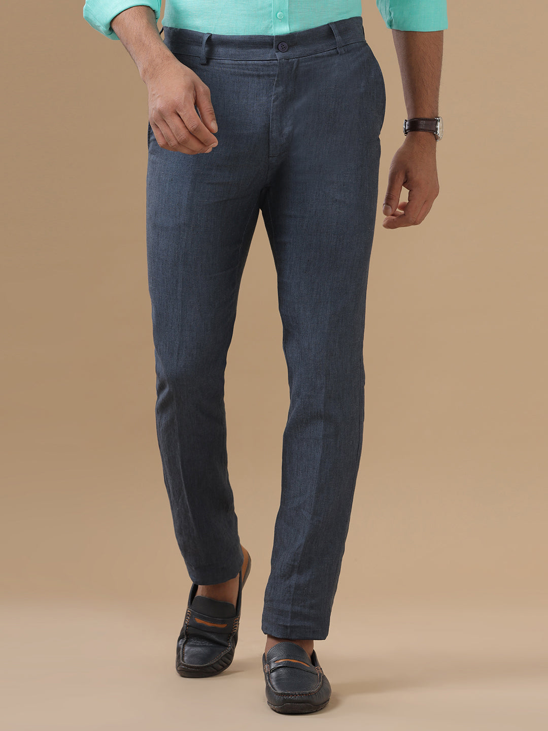 Men Pure Linen Grayish Blue Pant with Trim Fit PL08