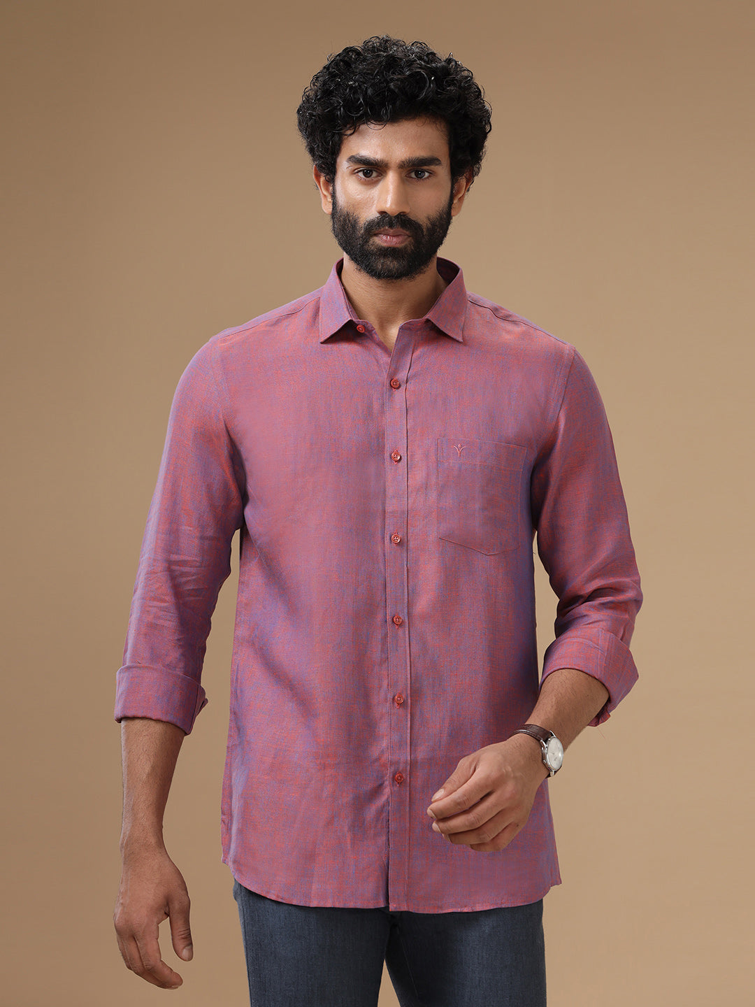 Men Pure Linen Shirt Purple - L75