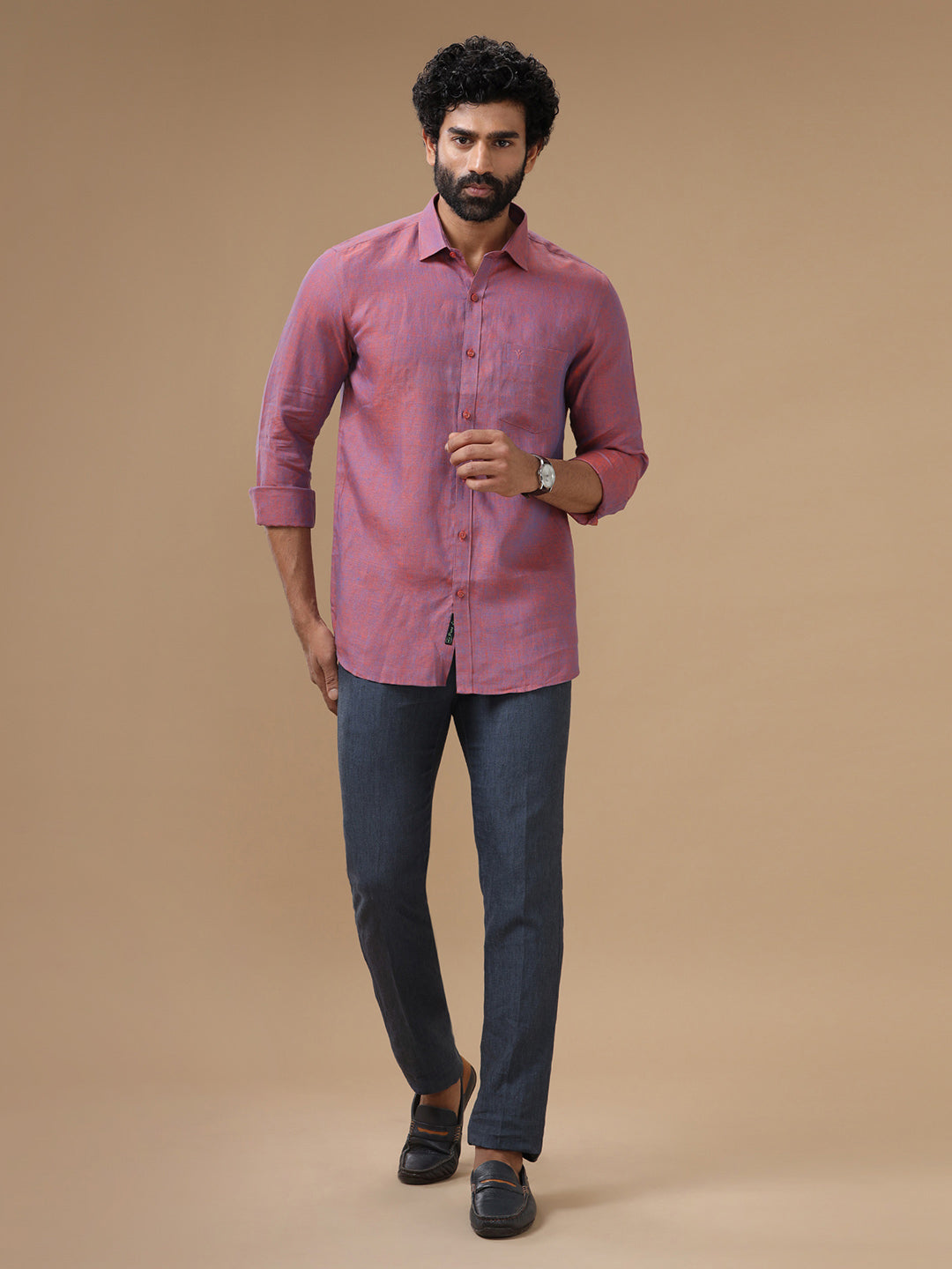 Men Pure Linen Shirt Purple - L75