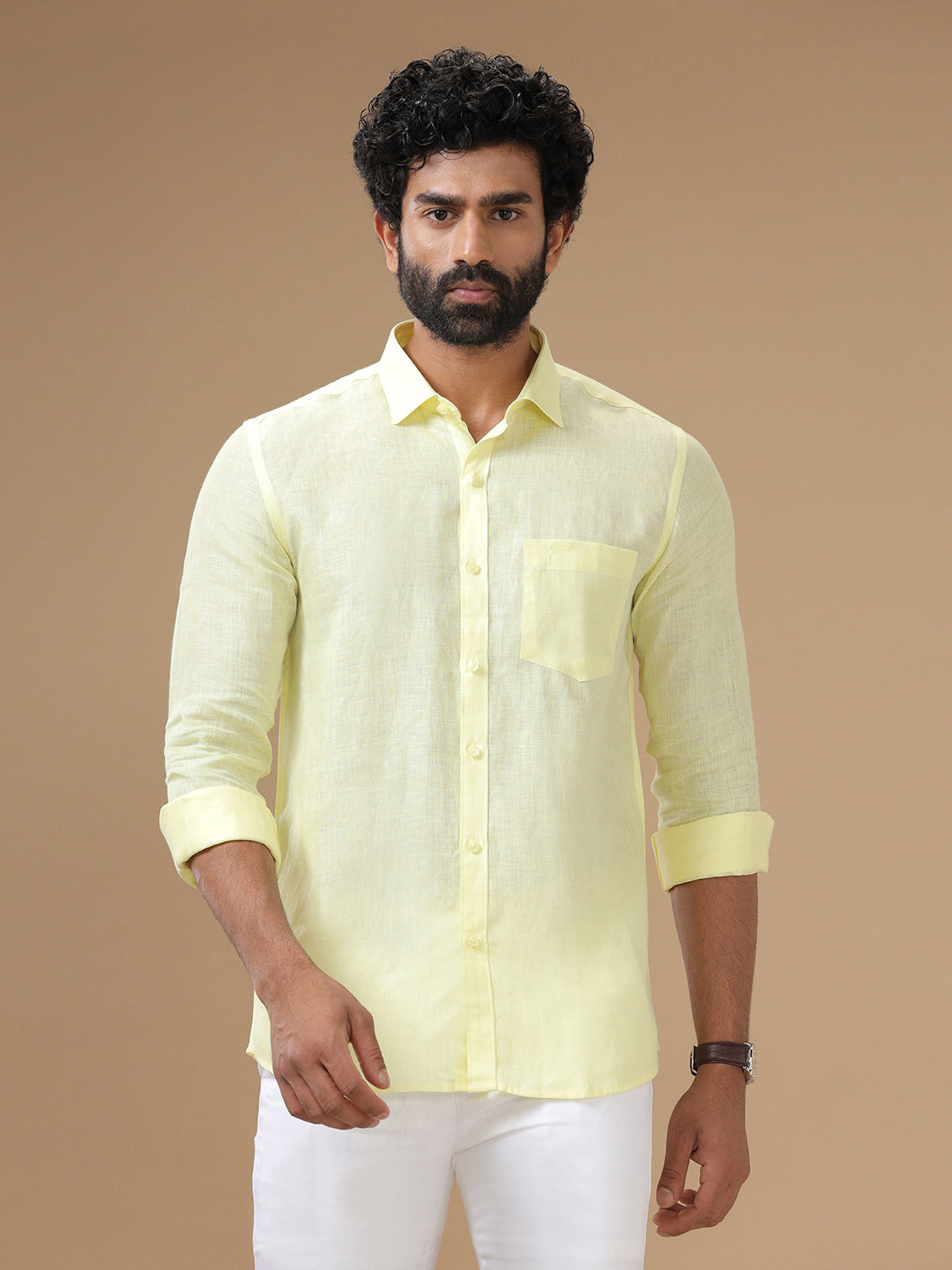 Men Pure Linen Shirt Yellow - L116