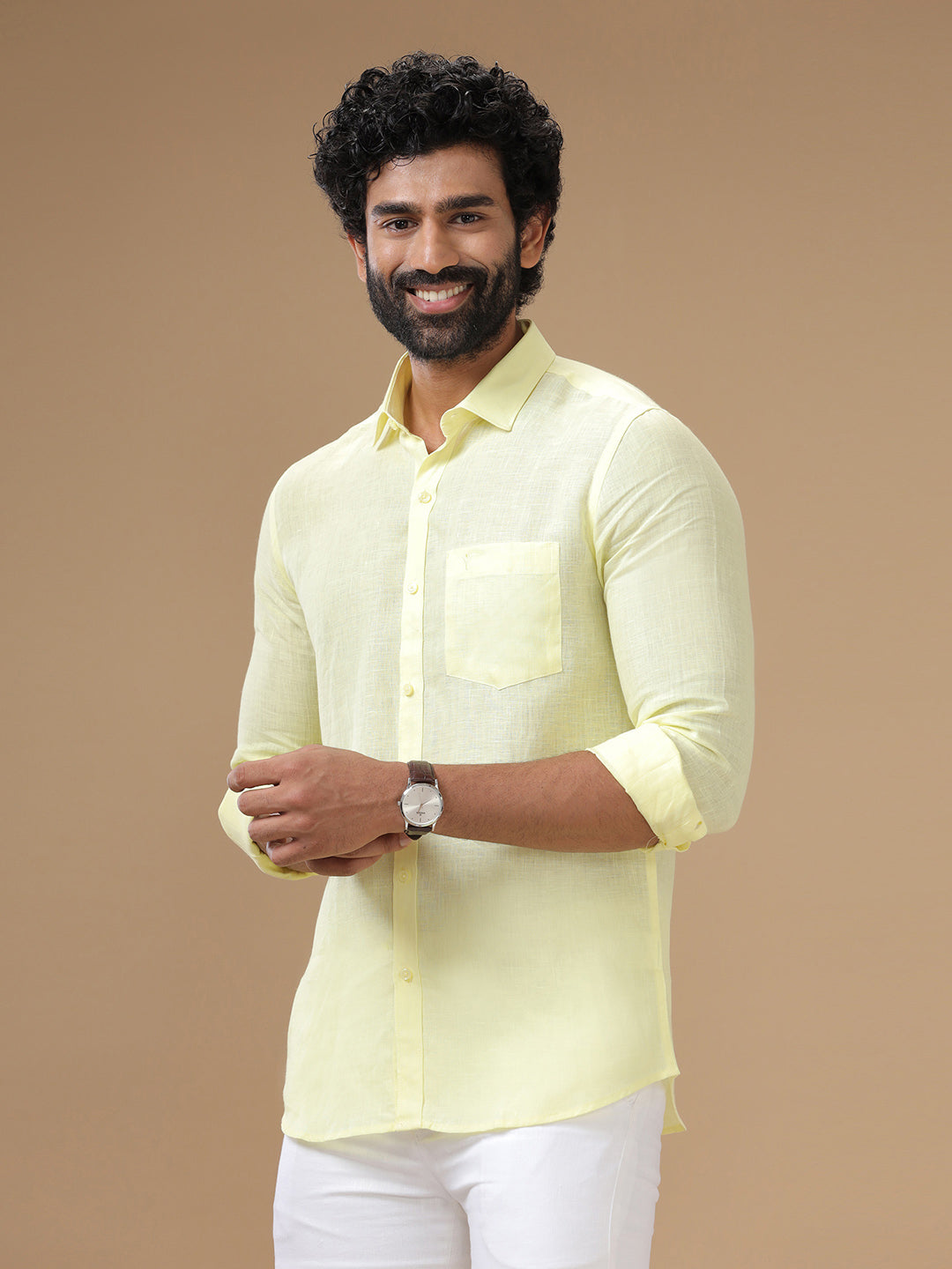 Mens Pure Linen Shirt Yellow