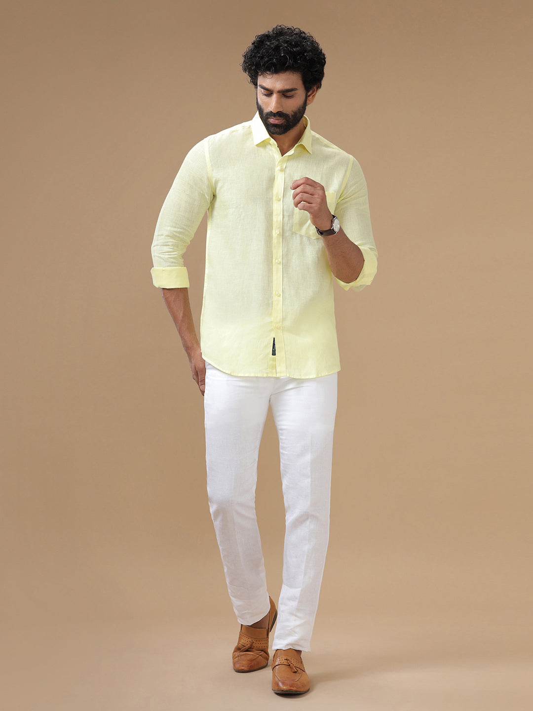 Men Pure Linen Shirt Yellow - L116