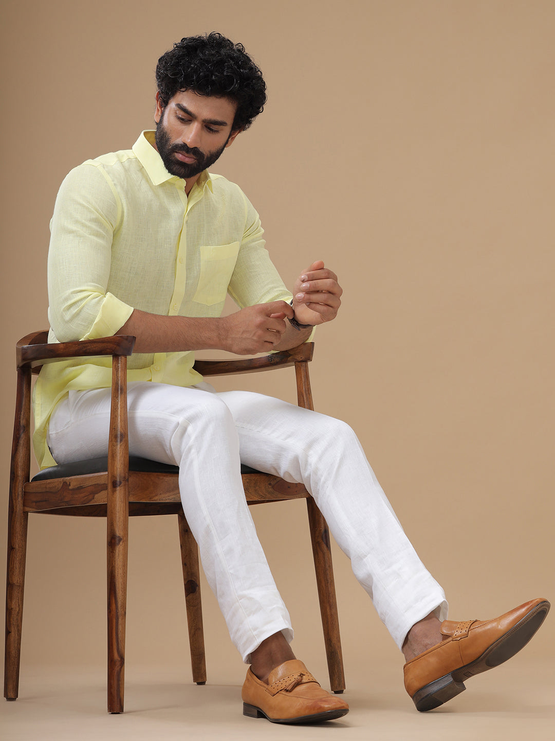 Men Linen Cotton Trim Fit White Pant