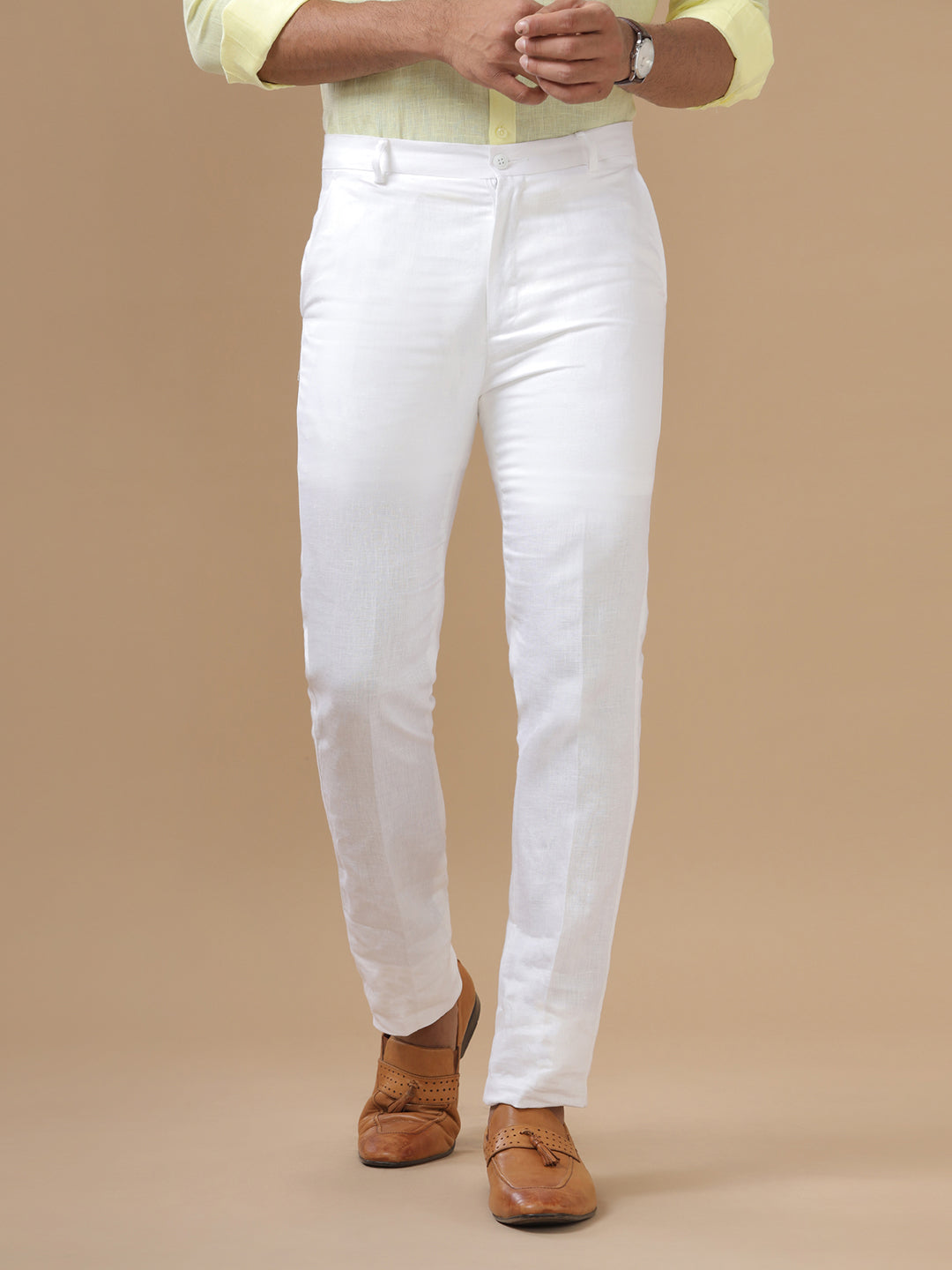 Men Linen Cotton Trim Fit White Pant