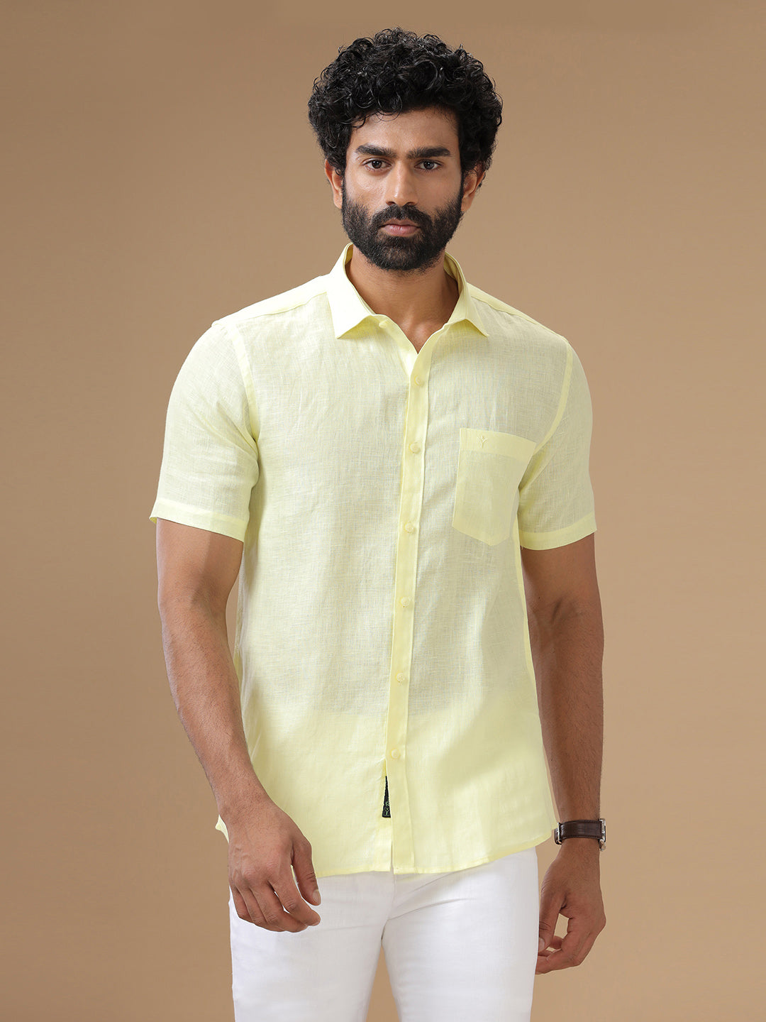 Men Pure Linen Shirt Yellow - L116