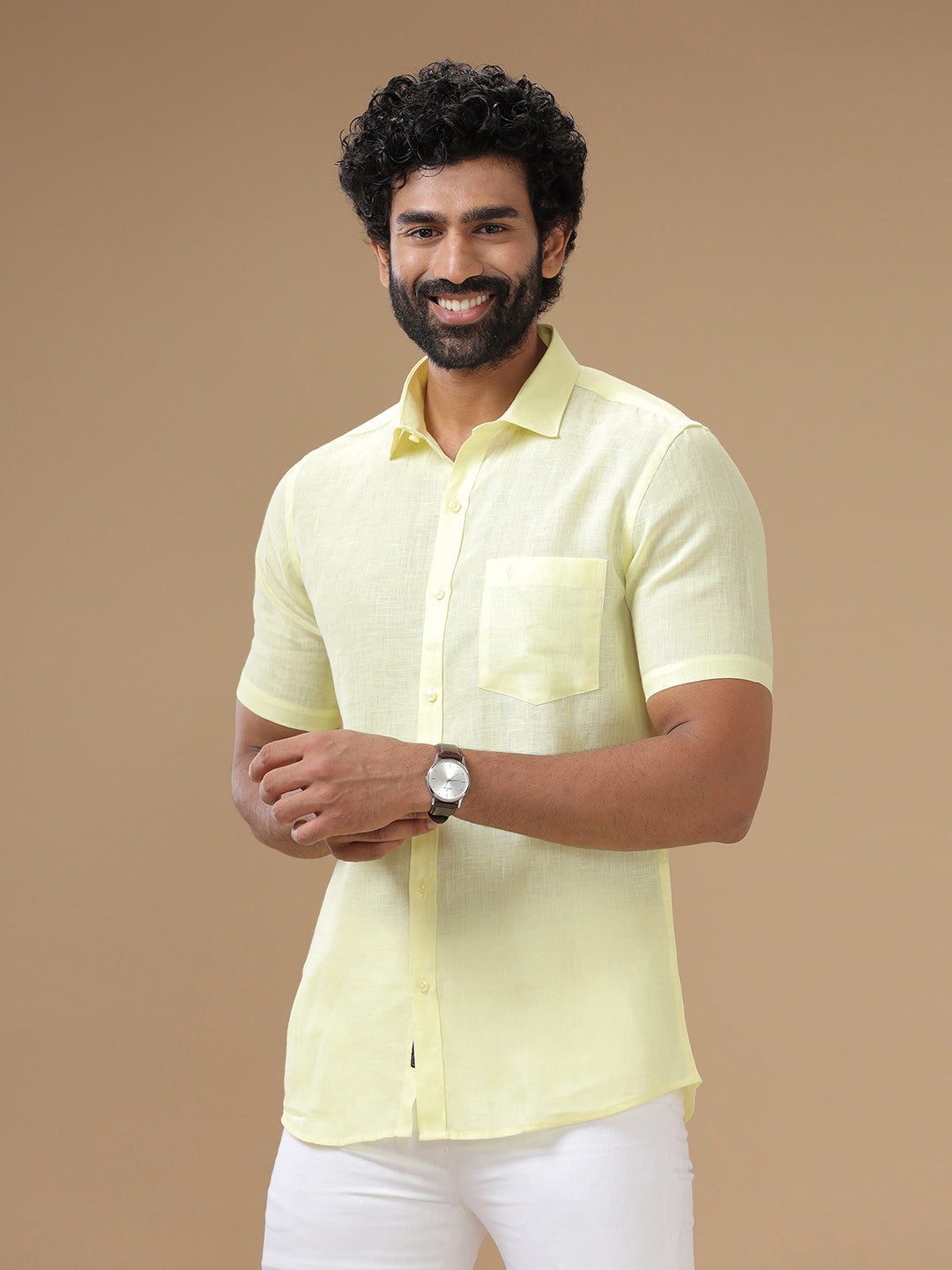 Mens Pure Linen Shirt Yellow