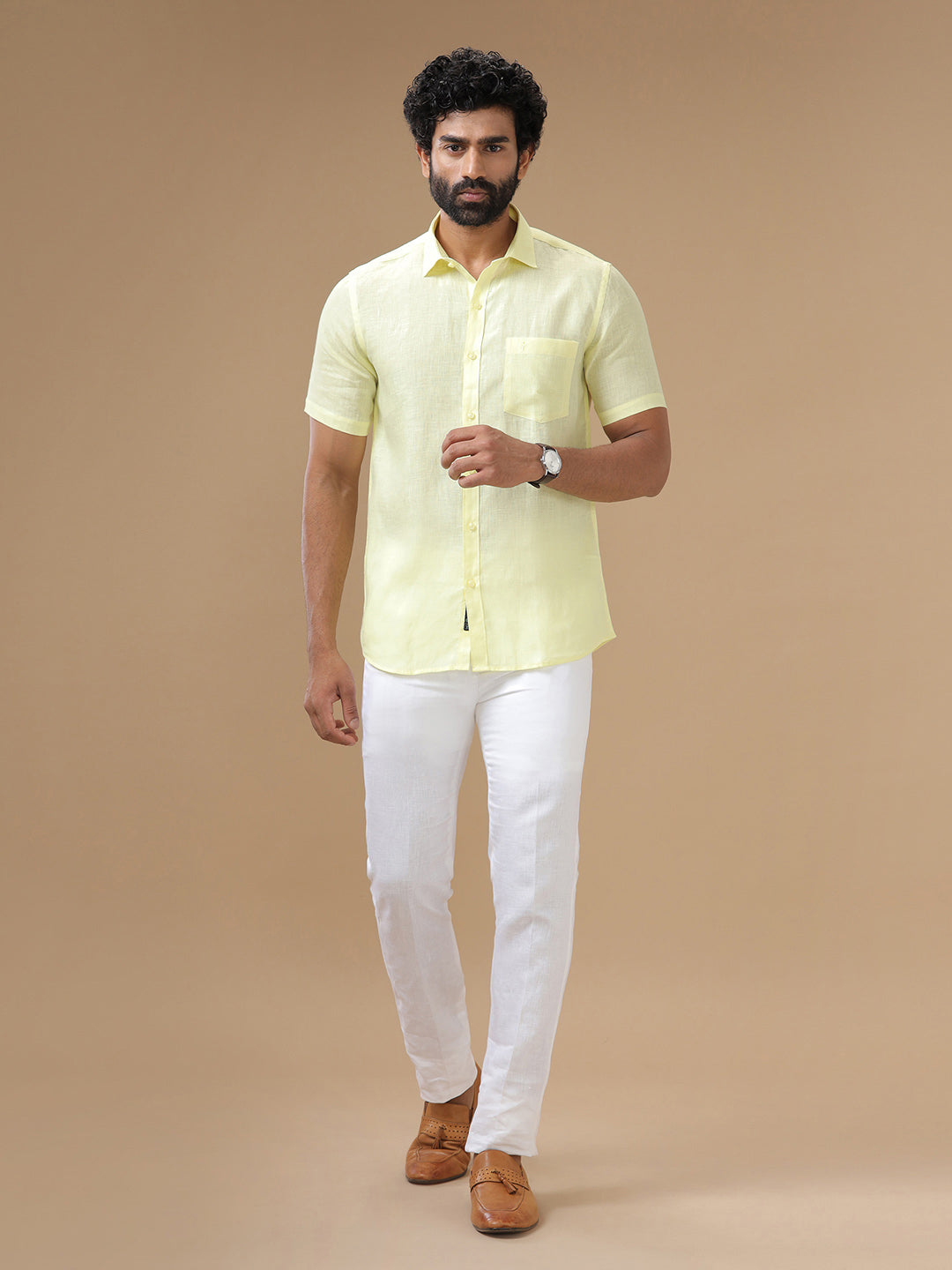 Men Pure Linen Shirt Yellow - L116