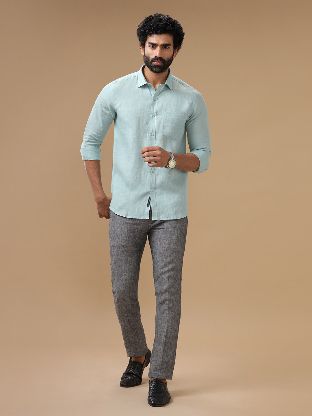 Men Pure Linen Shirt Blue