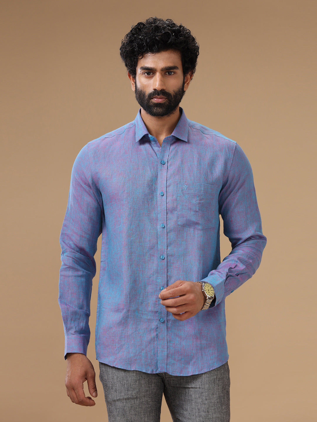 Men Pure Linen Shirt Violet