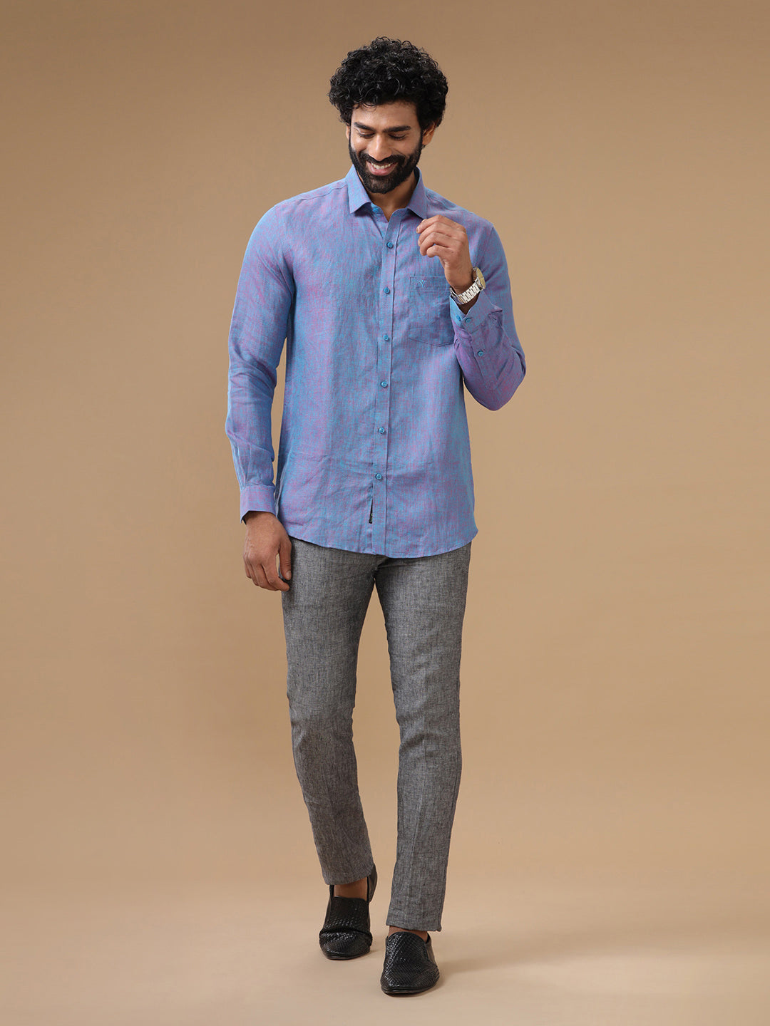 Men Pure Linen Shirt Violet