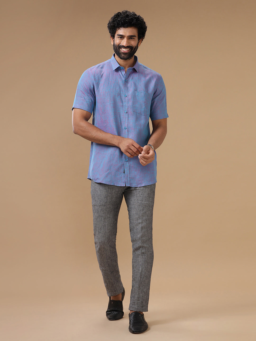 Men Pure Linen Shirt Violet - L81