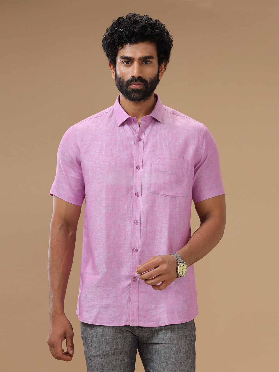 Men Pure Linen Shirt Purple - L79