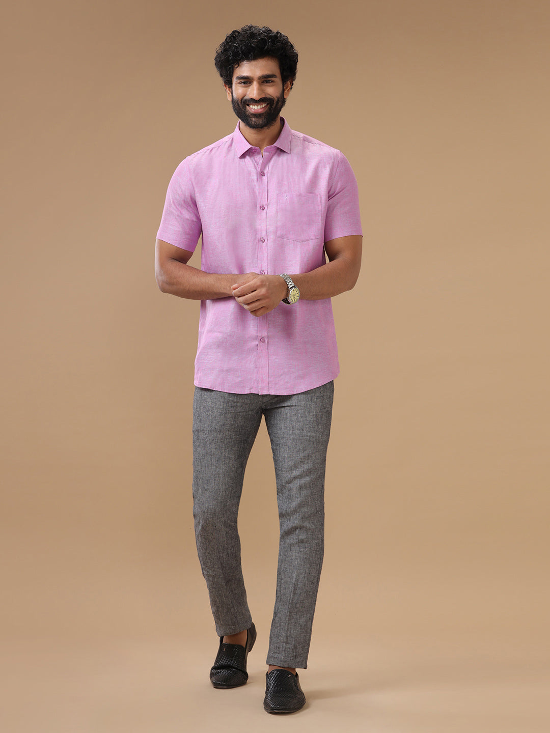 Men Pure Linen Shirt Purple - L79