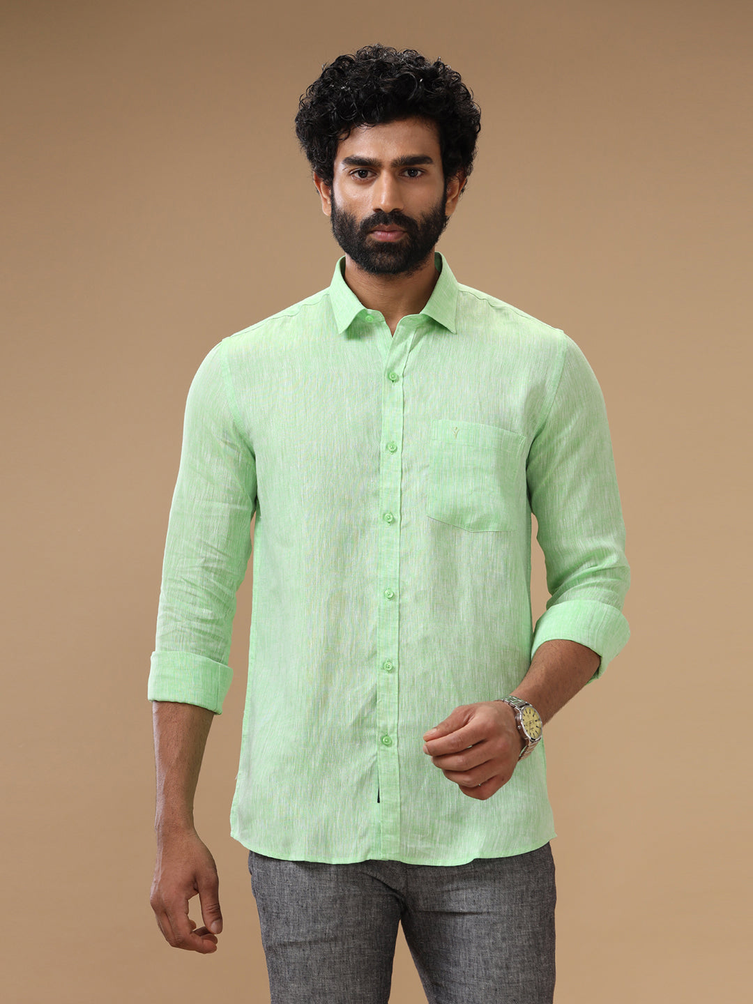 Men Pure Linen Shirt Green - L25