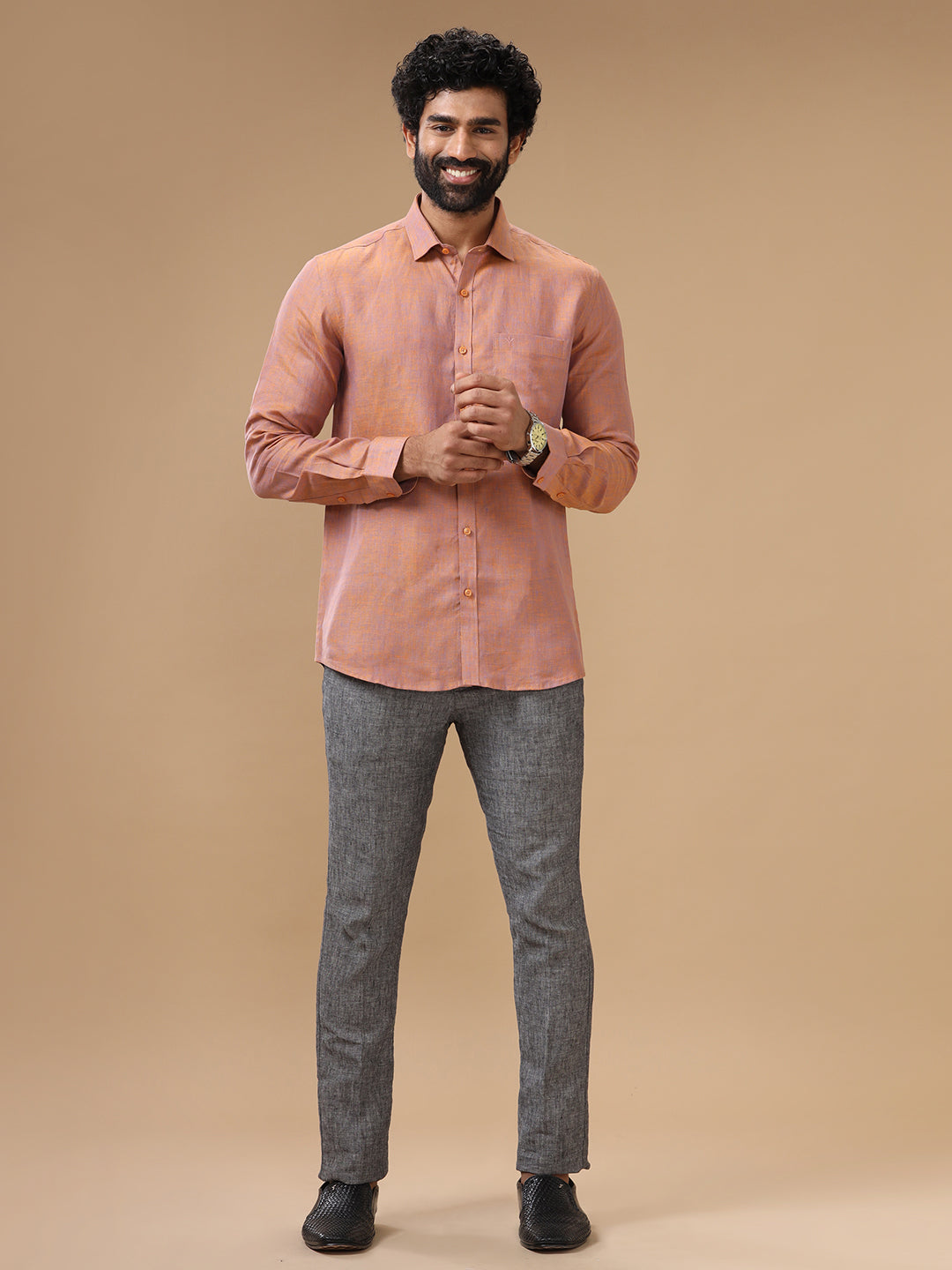 Men Pure Linen Shirt Maroon - L80