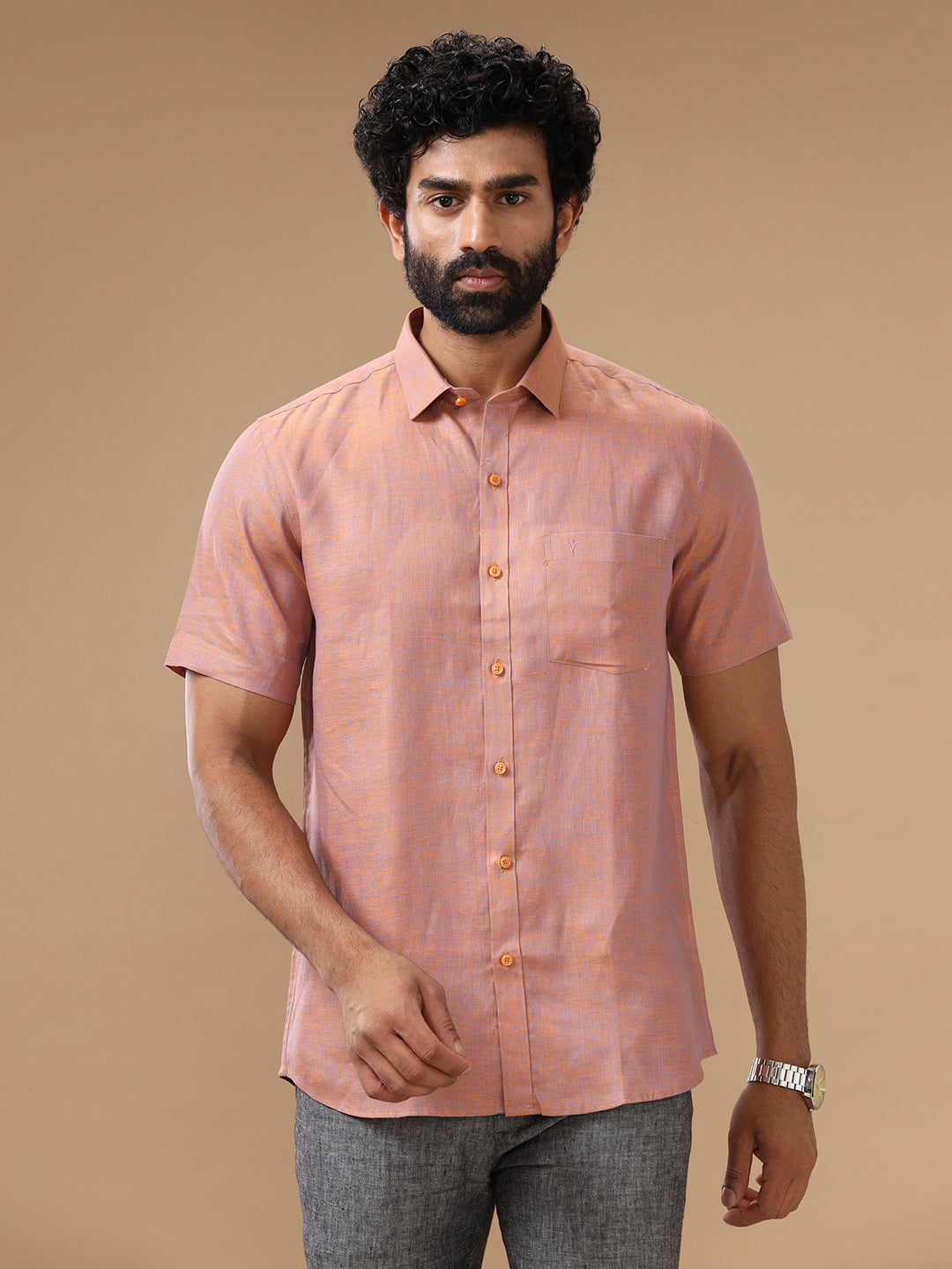 Men Pure Linen Shirt Maroon - L80