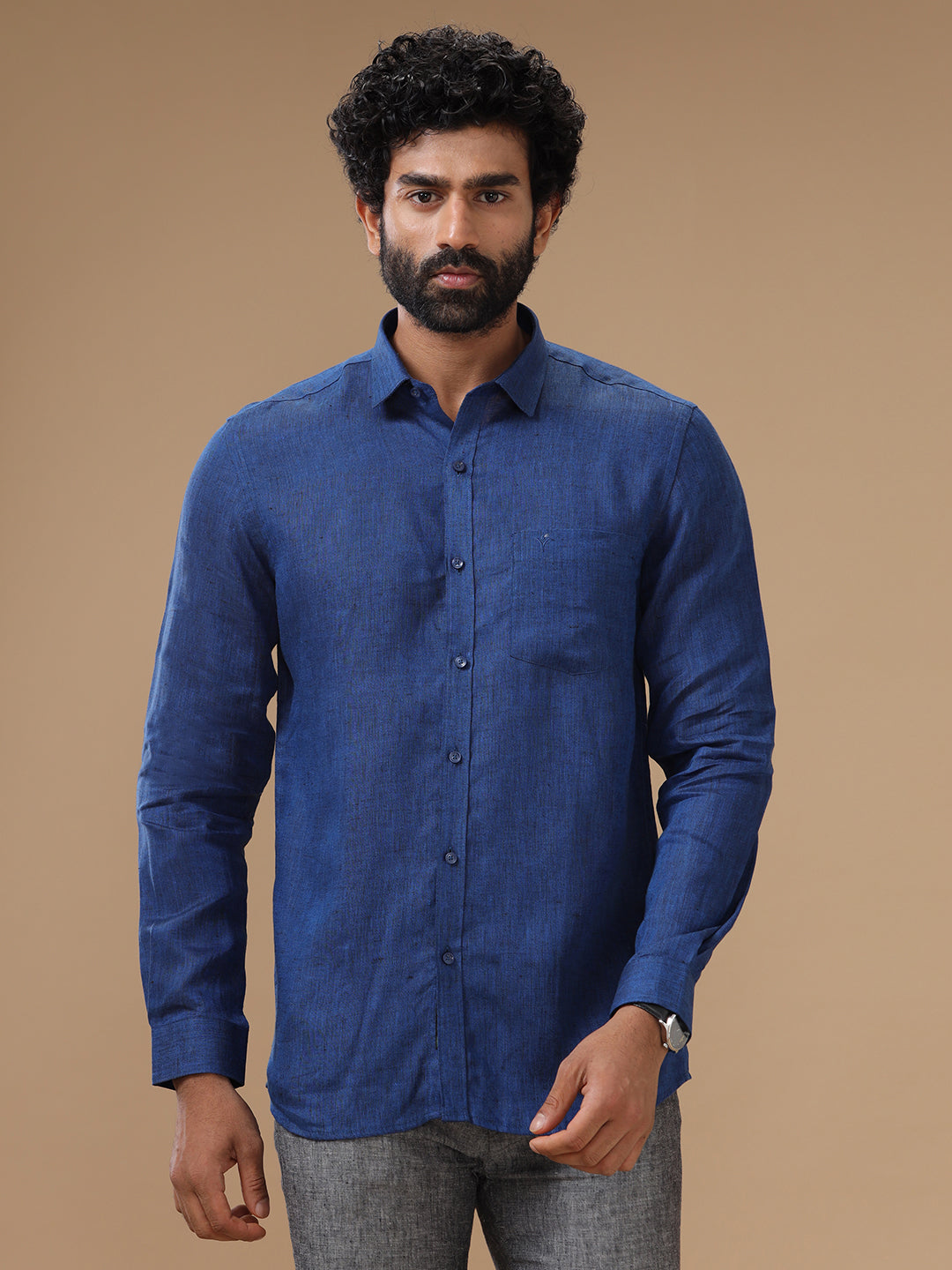 Mens Pure Linen Shirt Blue