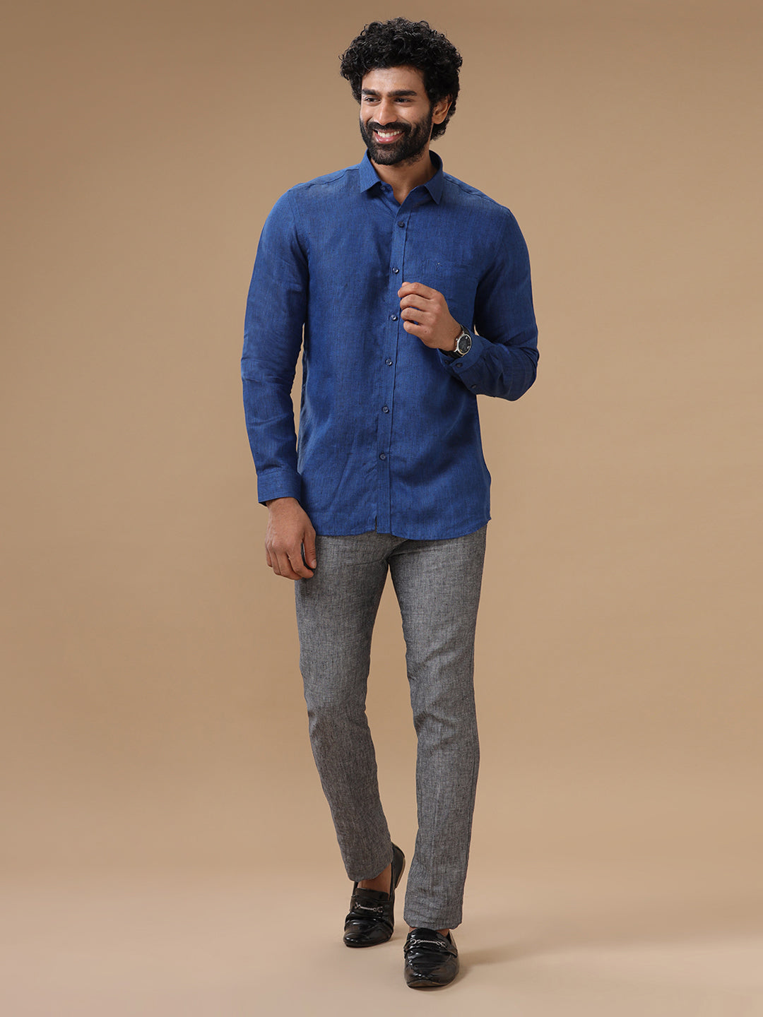 Men Pure Linen Shirt Blue