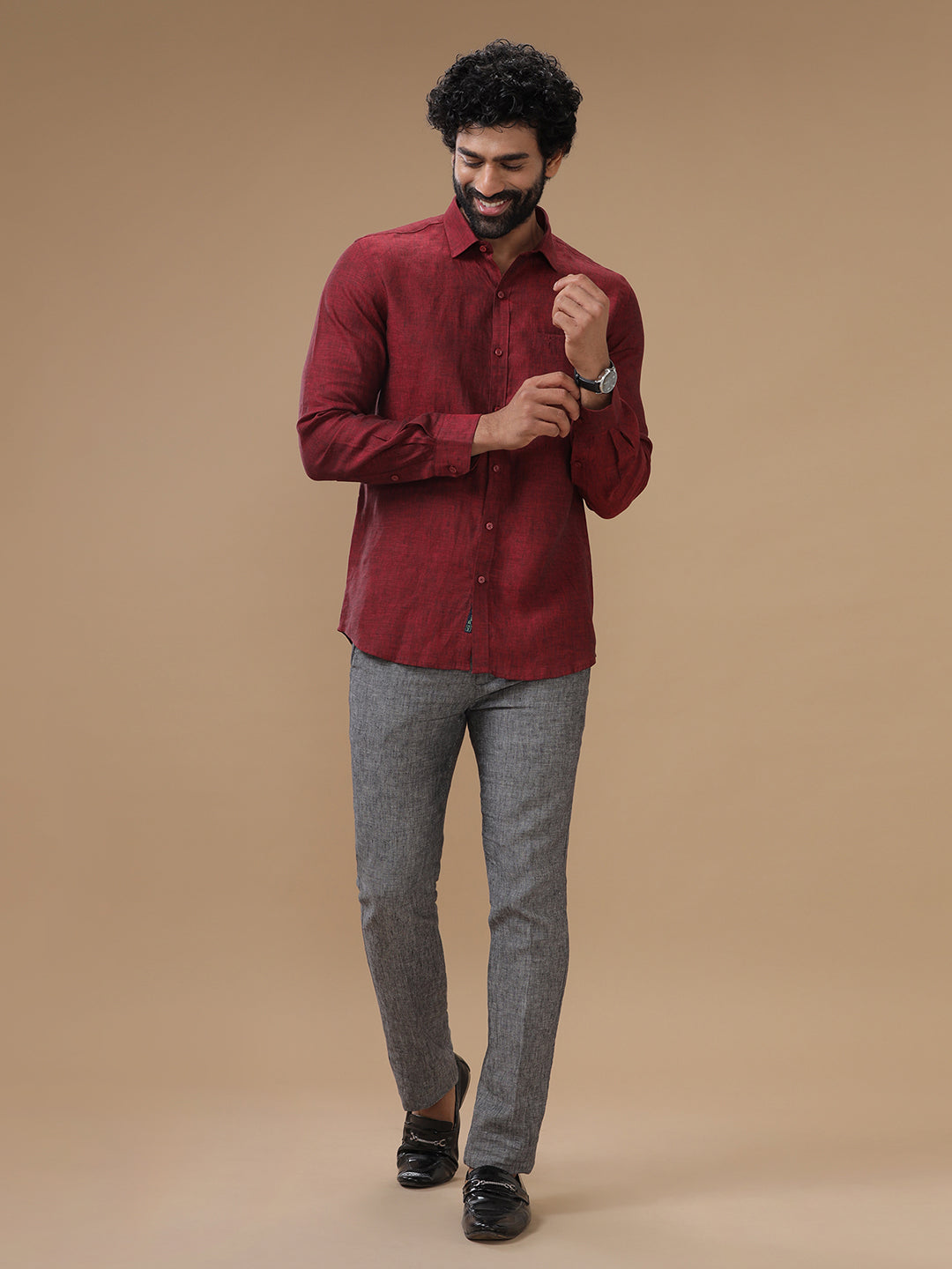 Men Pure Linen Shirt Maroon