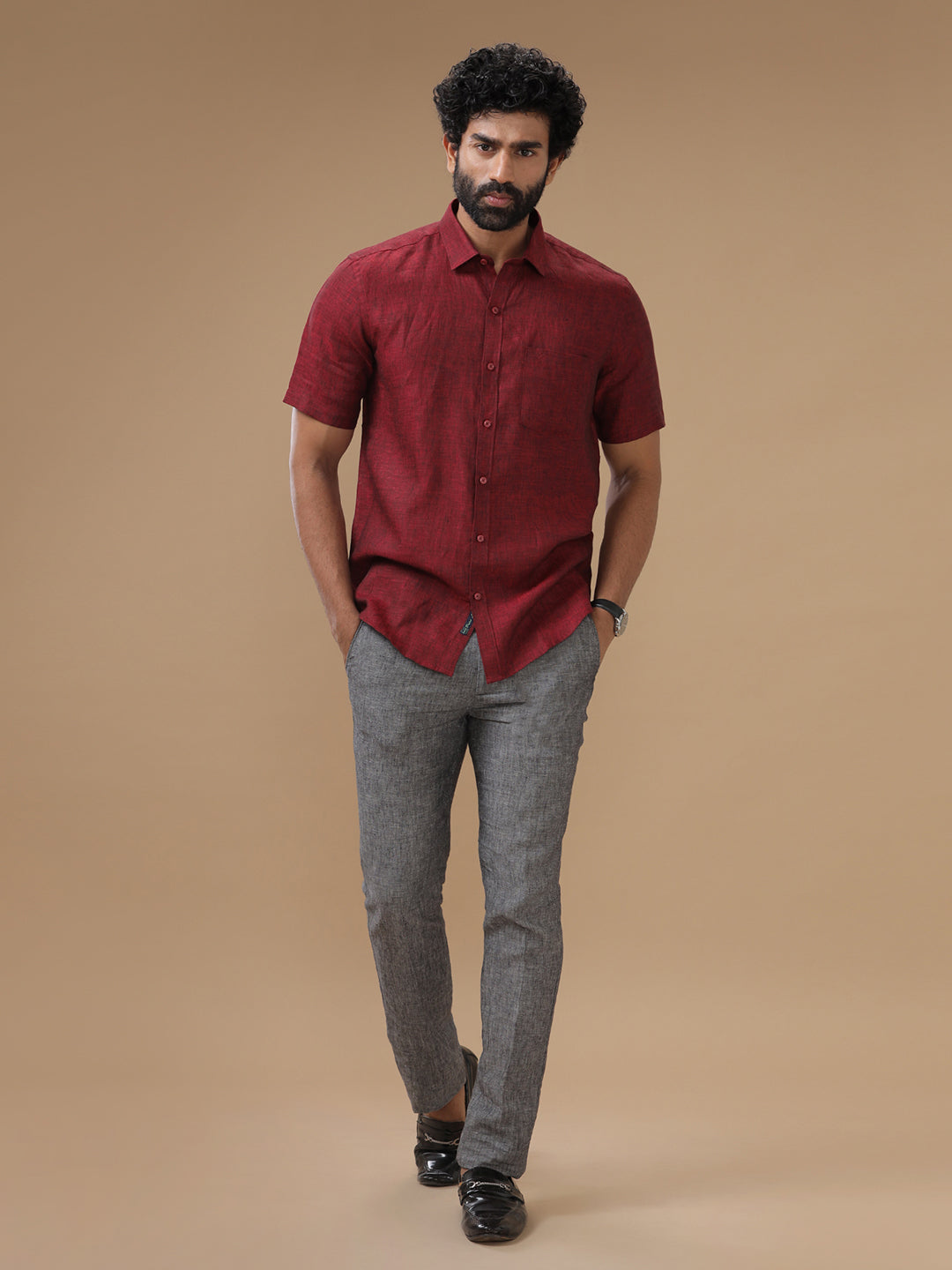 Mens Pure Linen Shirt Maroon