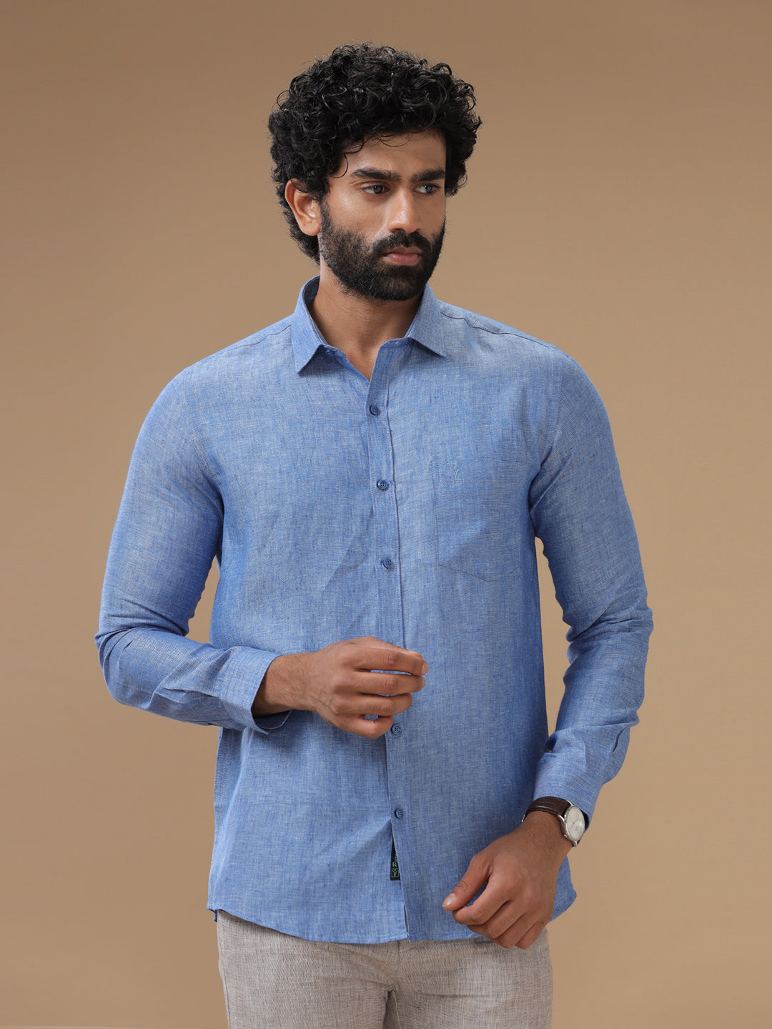 Mens Pure Linen Full Sleeves Shirt Blue_L82