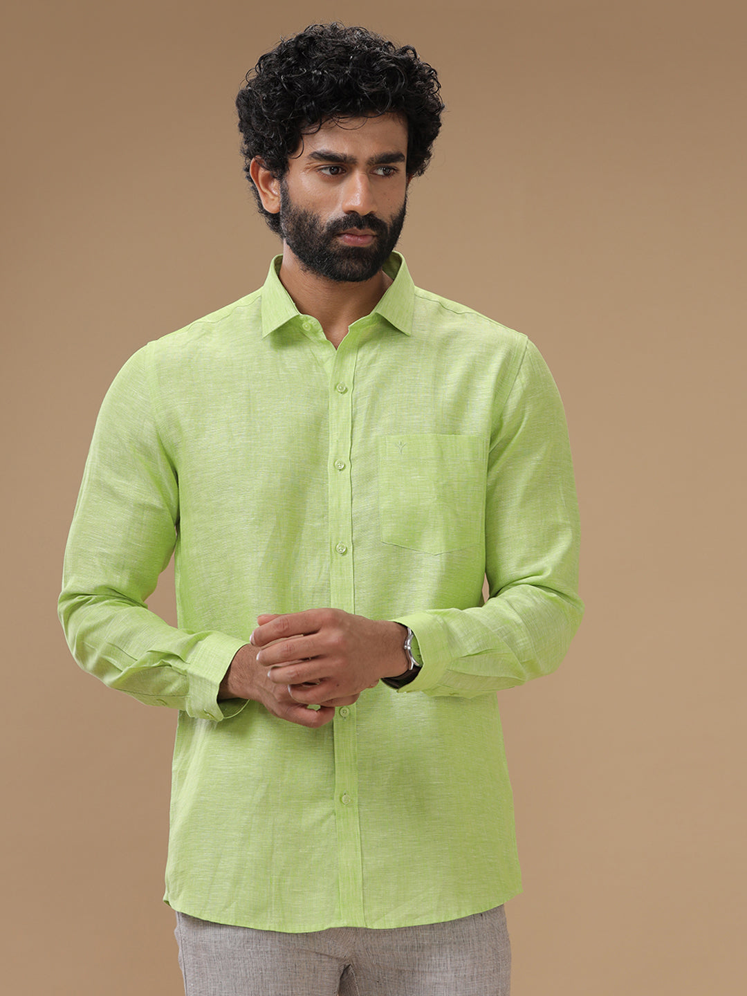 Men Pure Linen Shirt Green