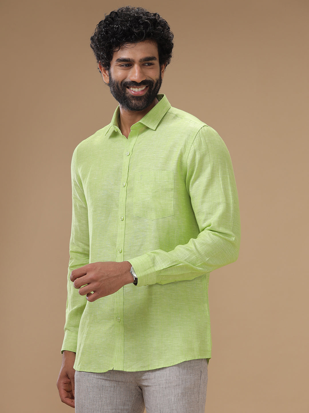 Men Pure Linen Shirt Green - L34