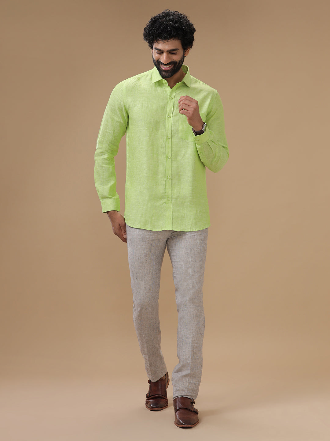 Mens Pure Linen Shirt Lime Green-L34