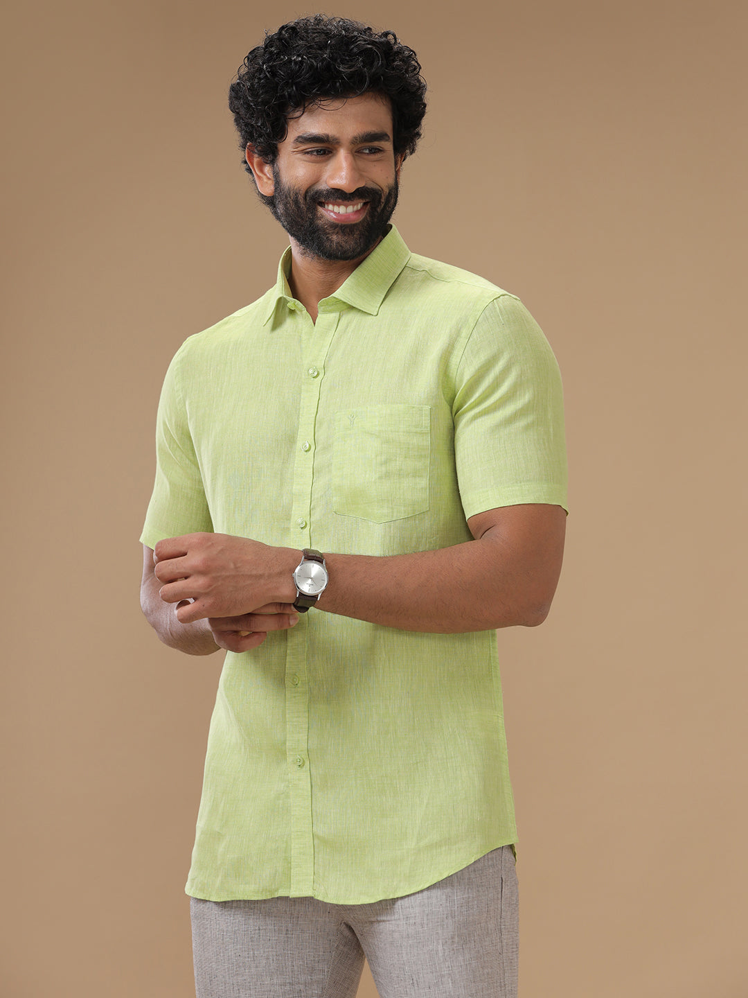 Men Pure Linen Shirt Green - L34