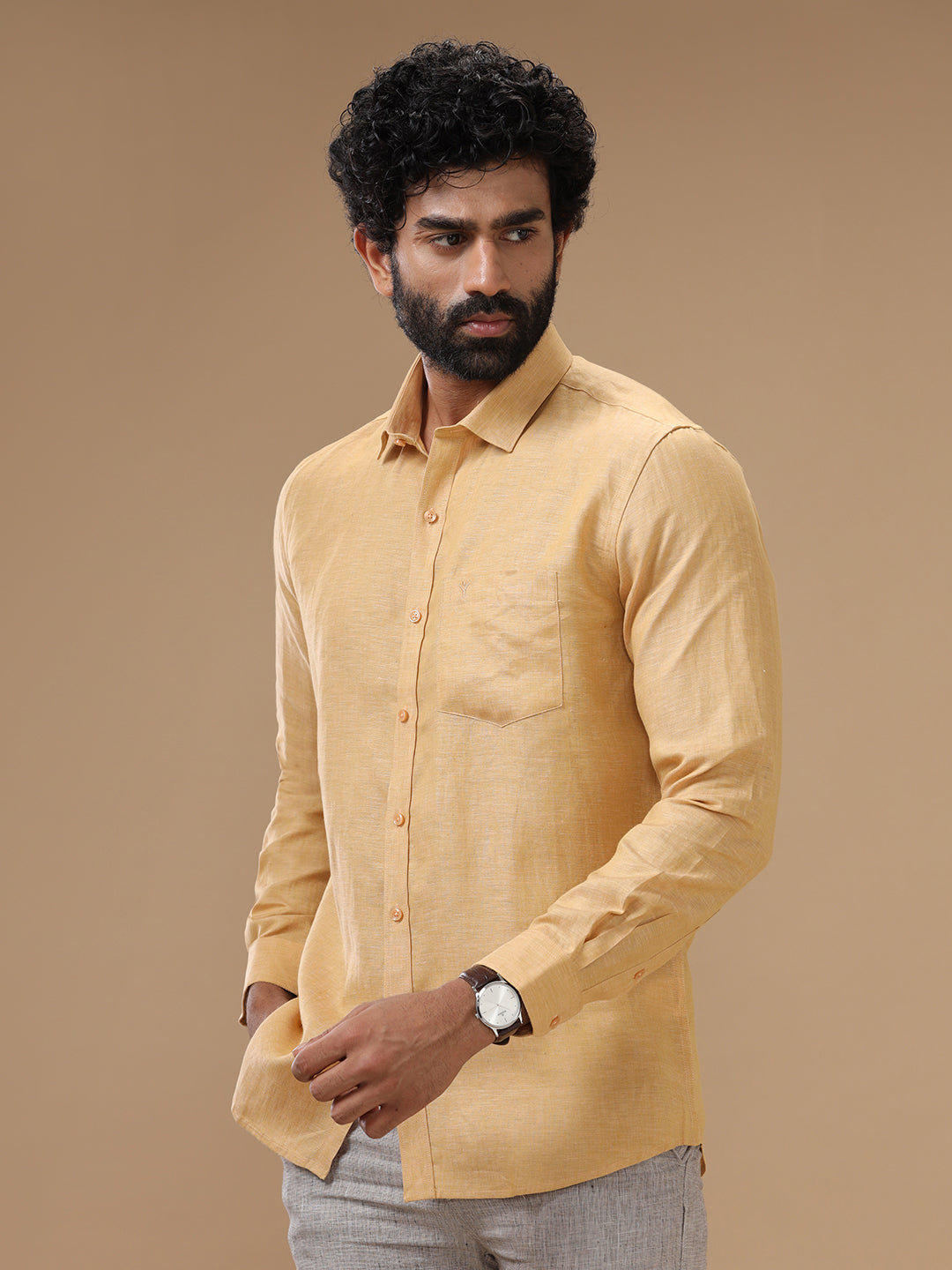 Men Pure Linen Shirt Light Orange - L96