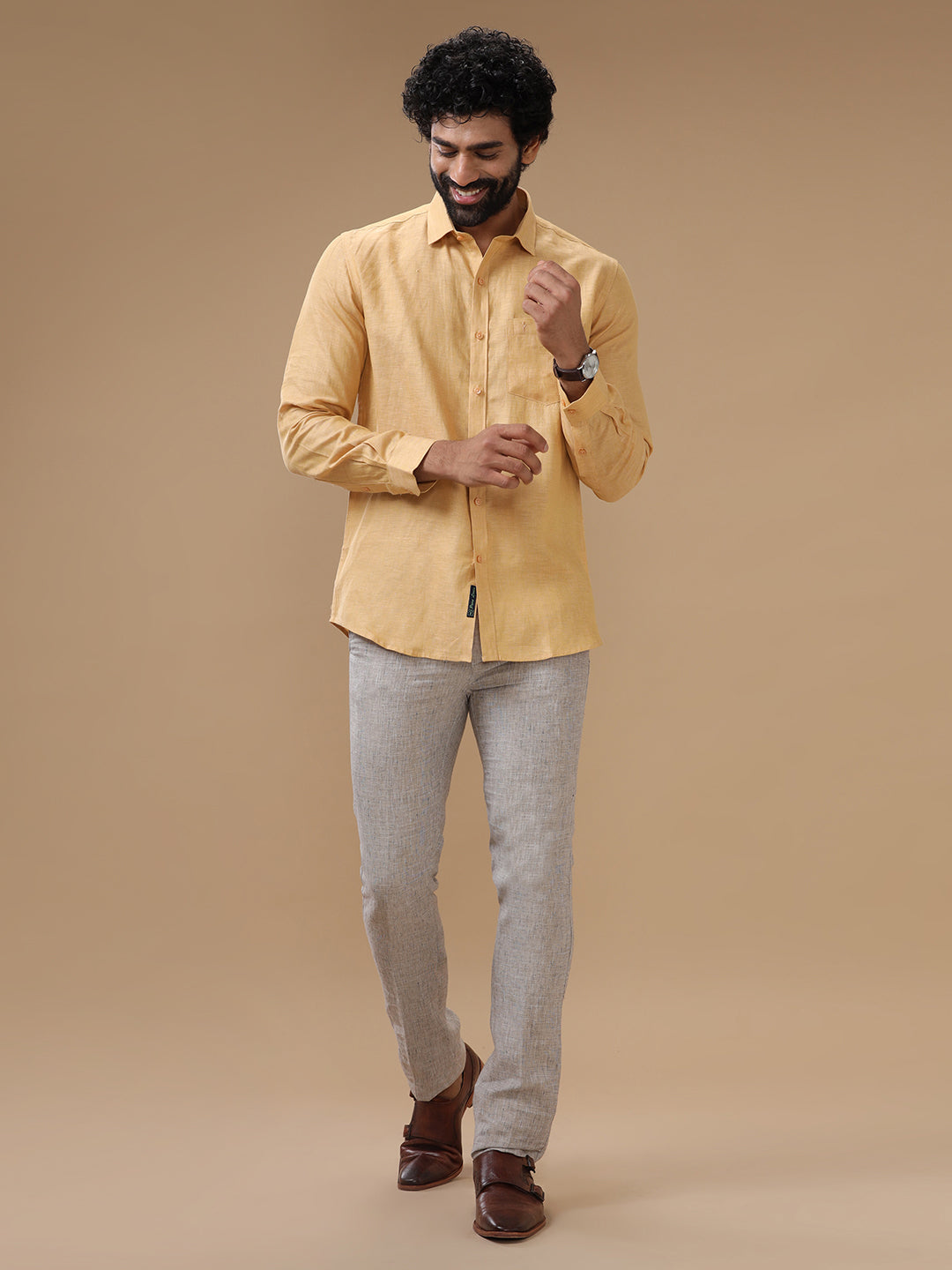 Men Pure Linen Shirt Light Orange - L96