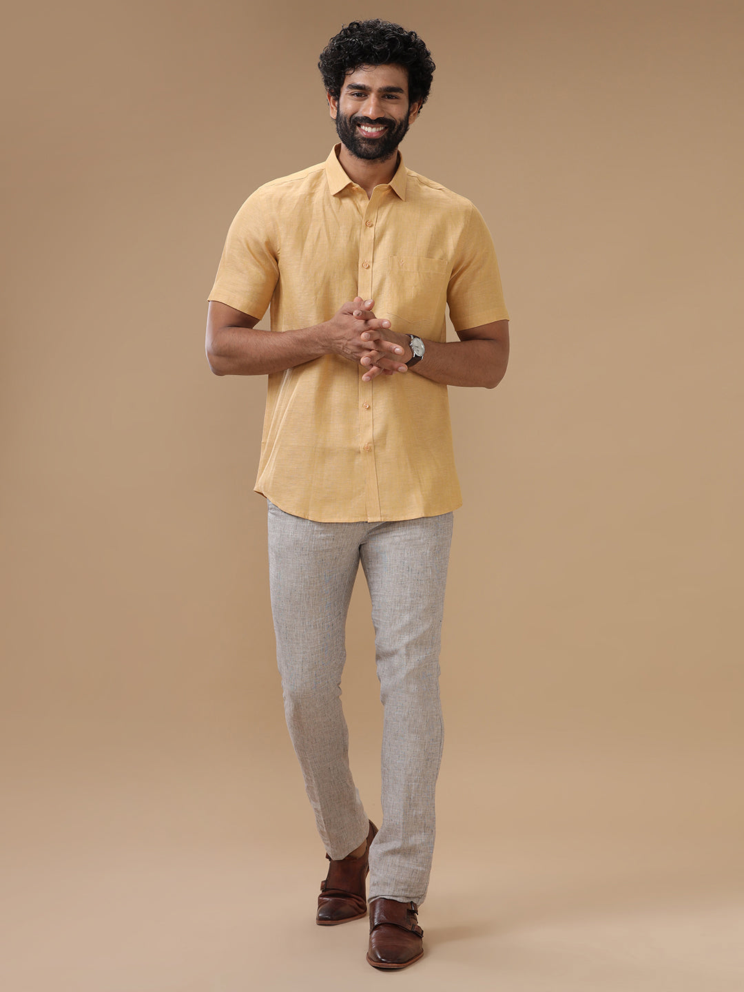 Men Pure Linen Shirt Light Orange