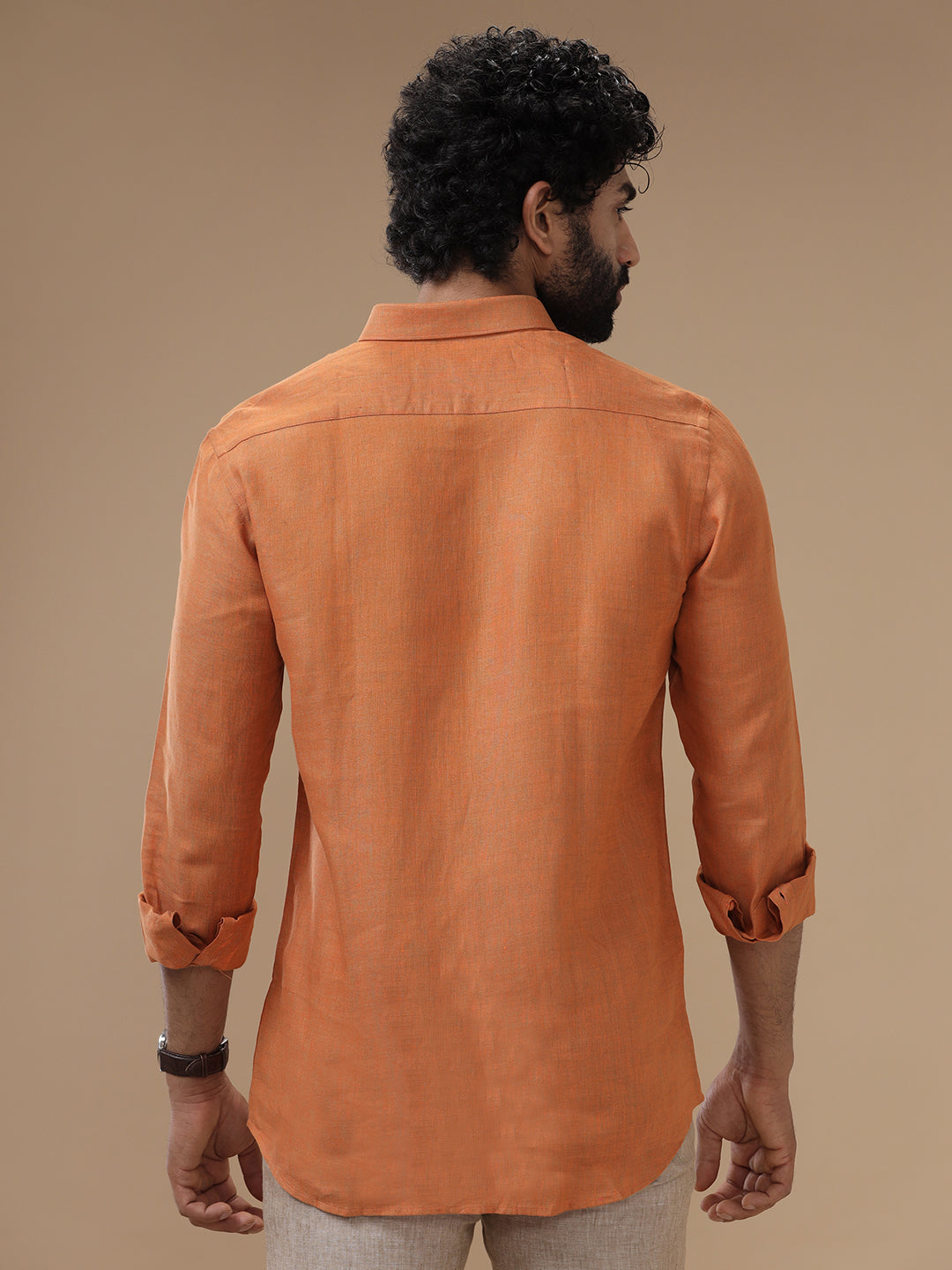 Men Pure Linen Shirt Dark Orange