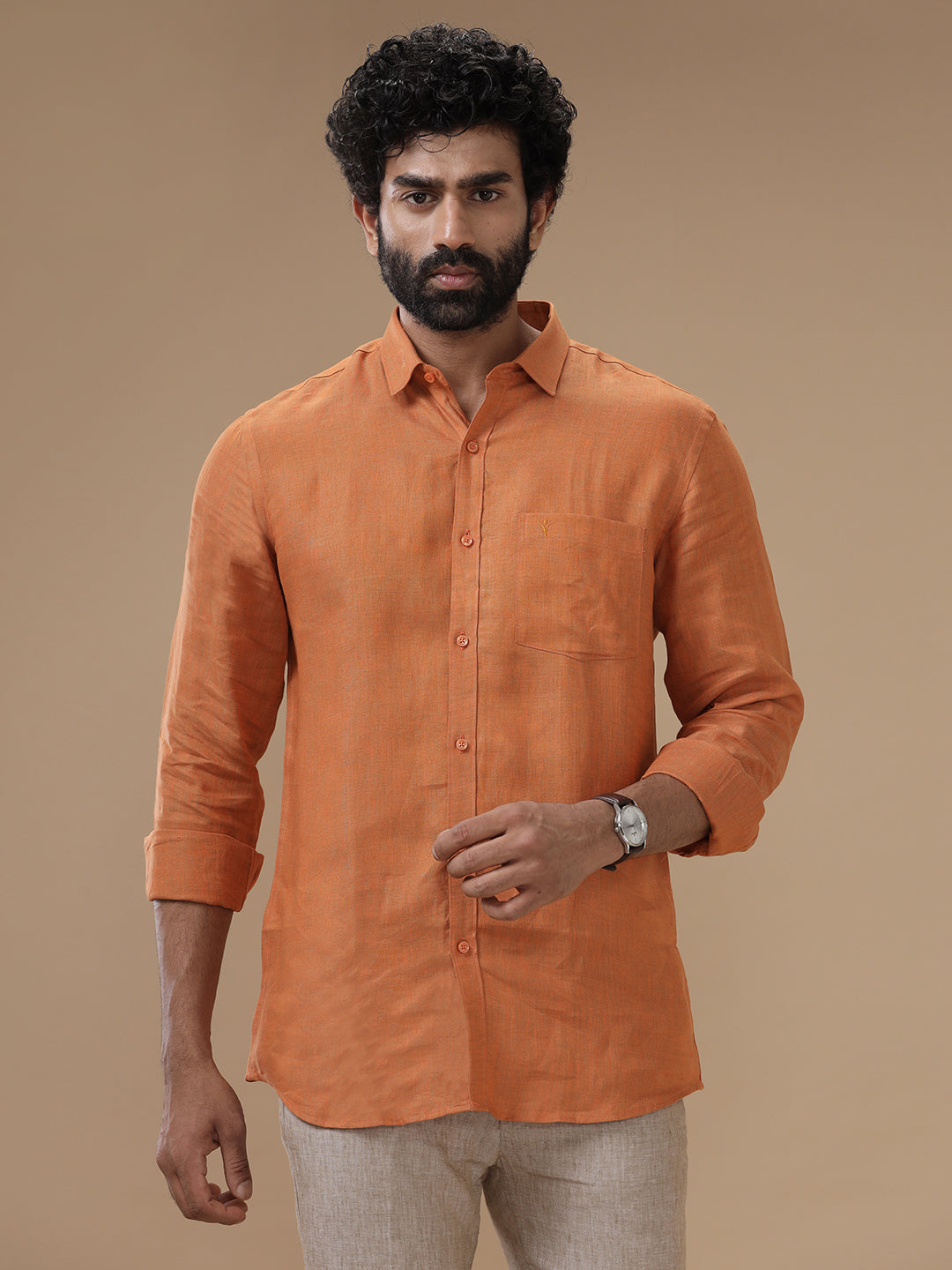 Men Pure Linen Shirt Dark Orange - L76