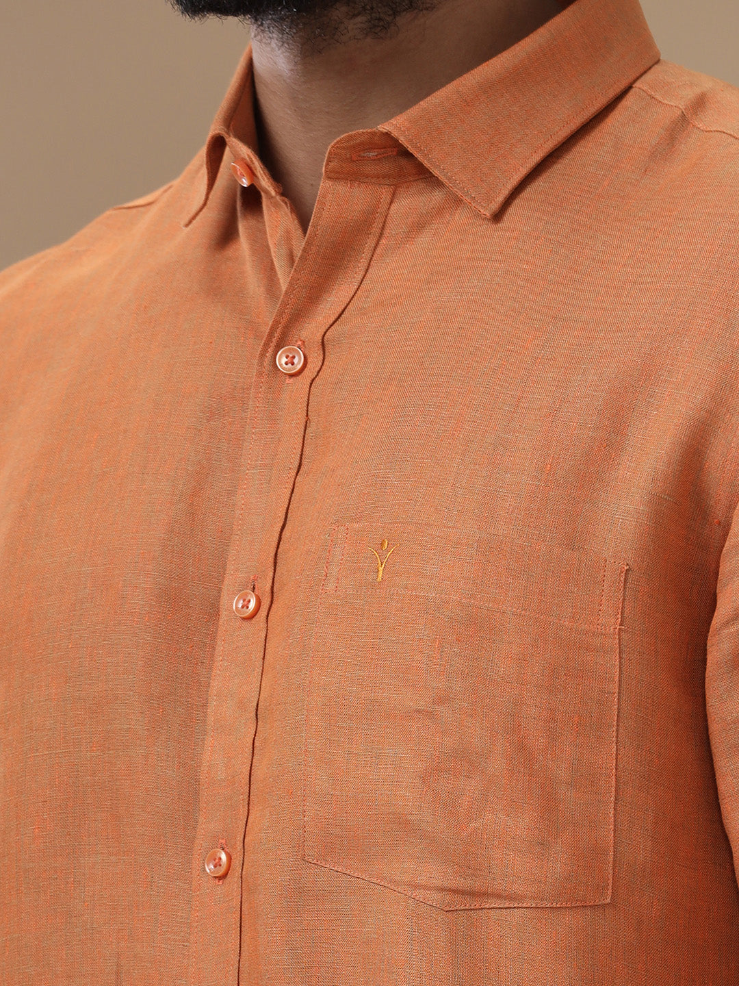 Men Pure Linen Shirt Dark Orange